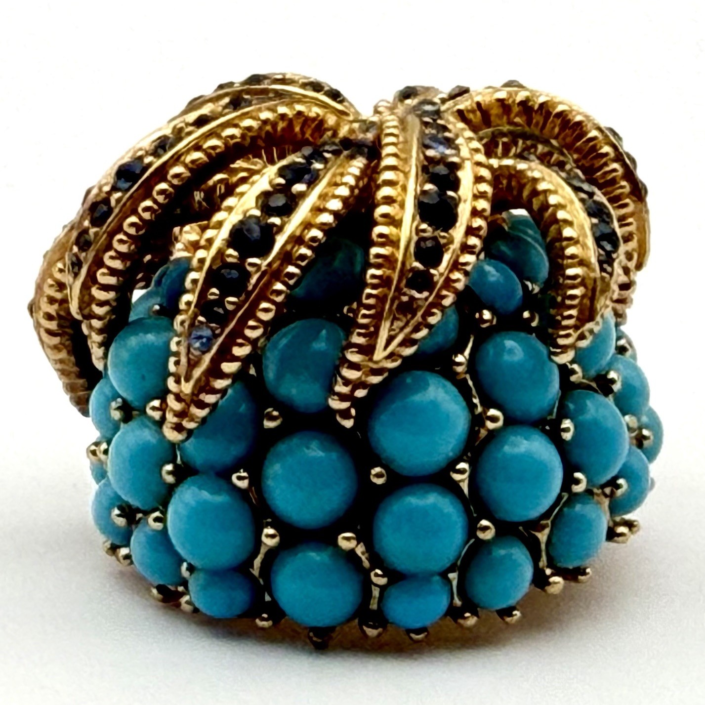 CINER Pineapple Brooch Faux Turquoise Cabochon Rhinestone Gold Tone Signed Vtg