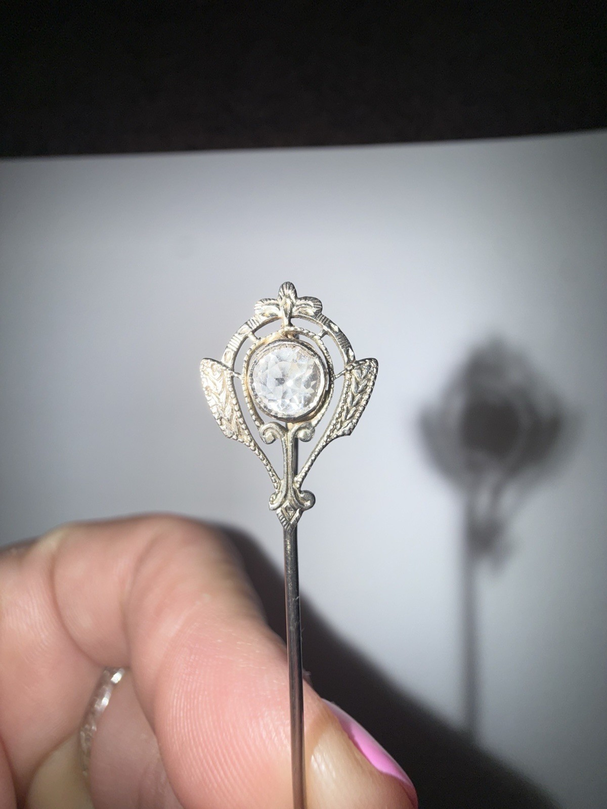 Antique Edwardian 10K Solid White Gold Colorless Topaz Stickpin