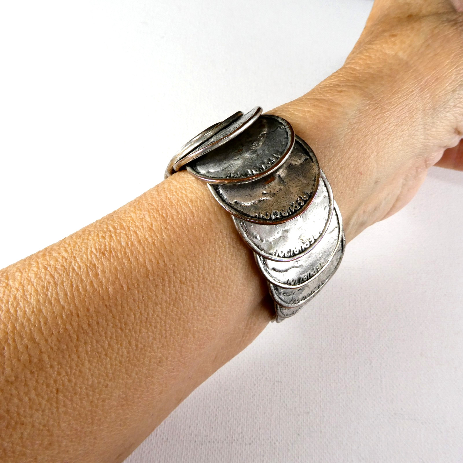 Vintage Silver Souvenir COIN Bracelet Stretch Expansion Large Coins Nice Quality