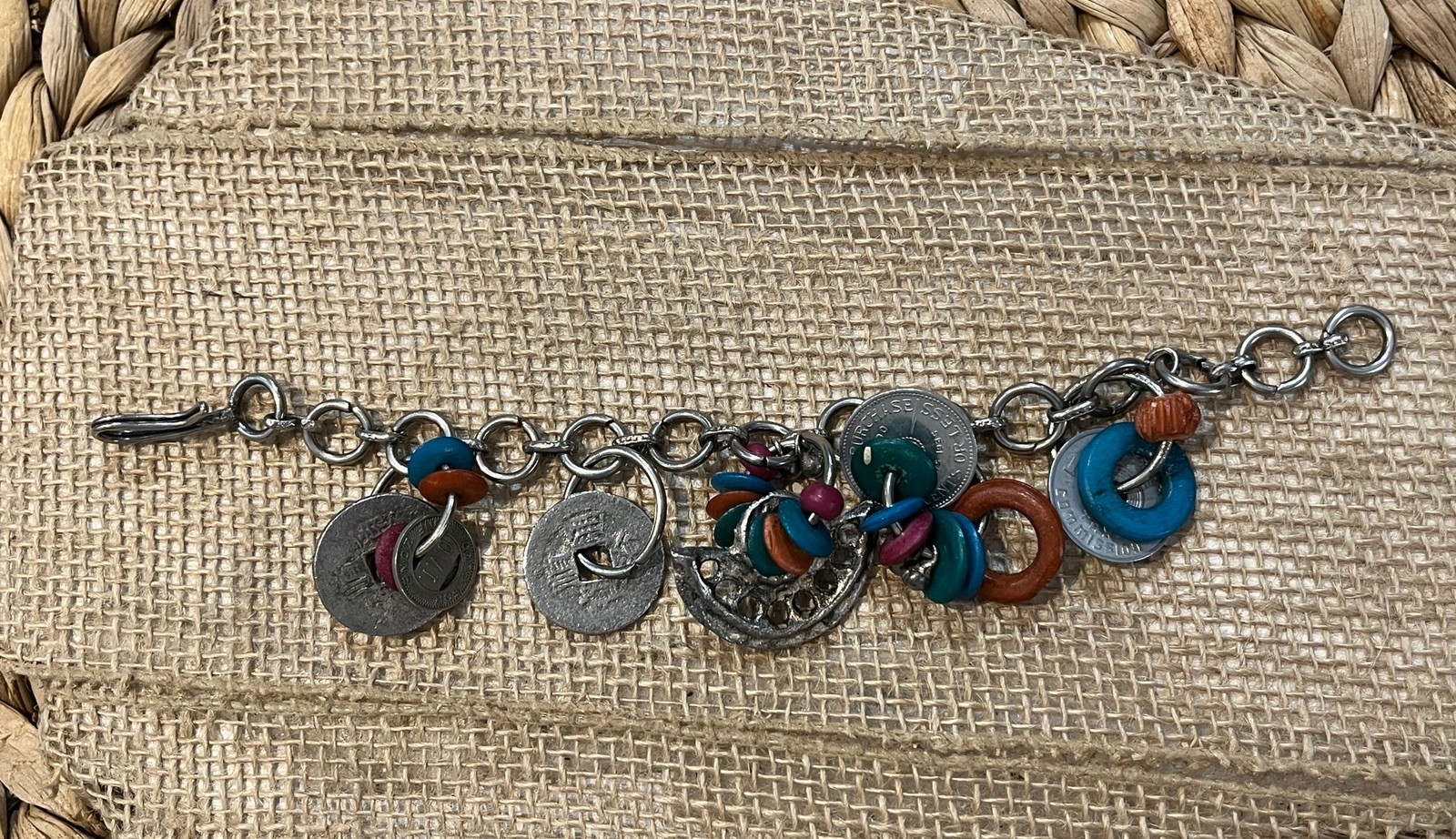 Vintage Artisan Crafted Coin Charm Bracelet Mixed Materials Estate Jewelry Boho