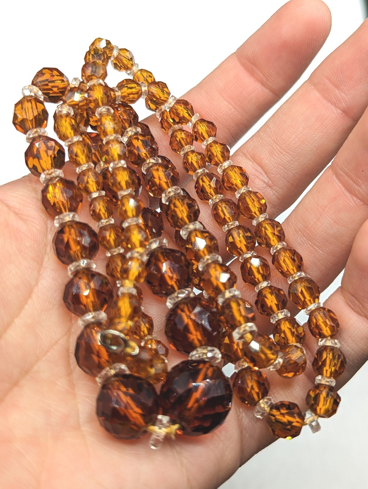 Faceted Amber Topaz Colored Glass Clear Crystal Graduated Bead Necklace 28″