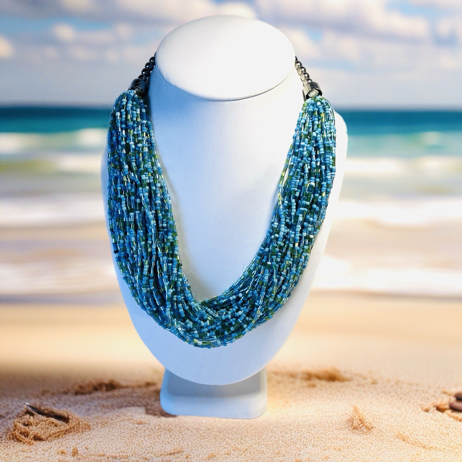 Vtg 19” Multistrand Seed Bead Necklace – Ocean Blue Green Tones – Silver Tone