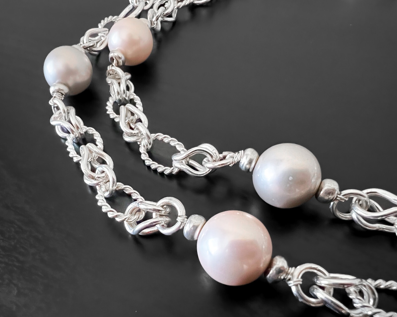 109g Heavy Double Link Twisted Cable Design Sterling Vtg Faux Pearl Necklace