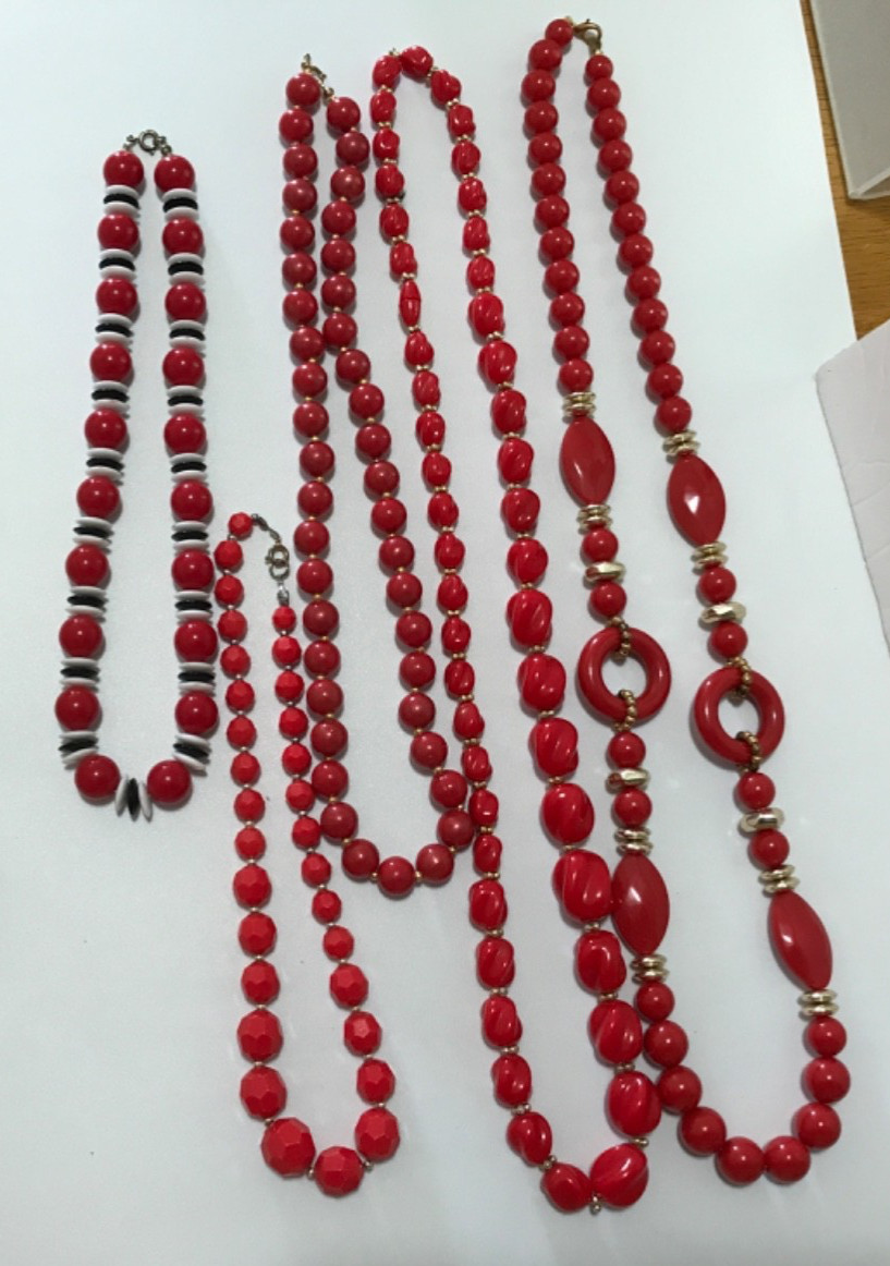Lot of 5 Red Costume Jewelry Necklaces Fun Bright Beads Various Designs Vintage