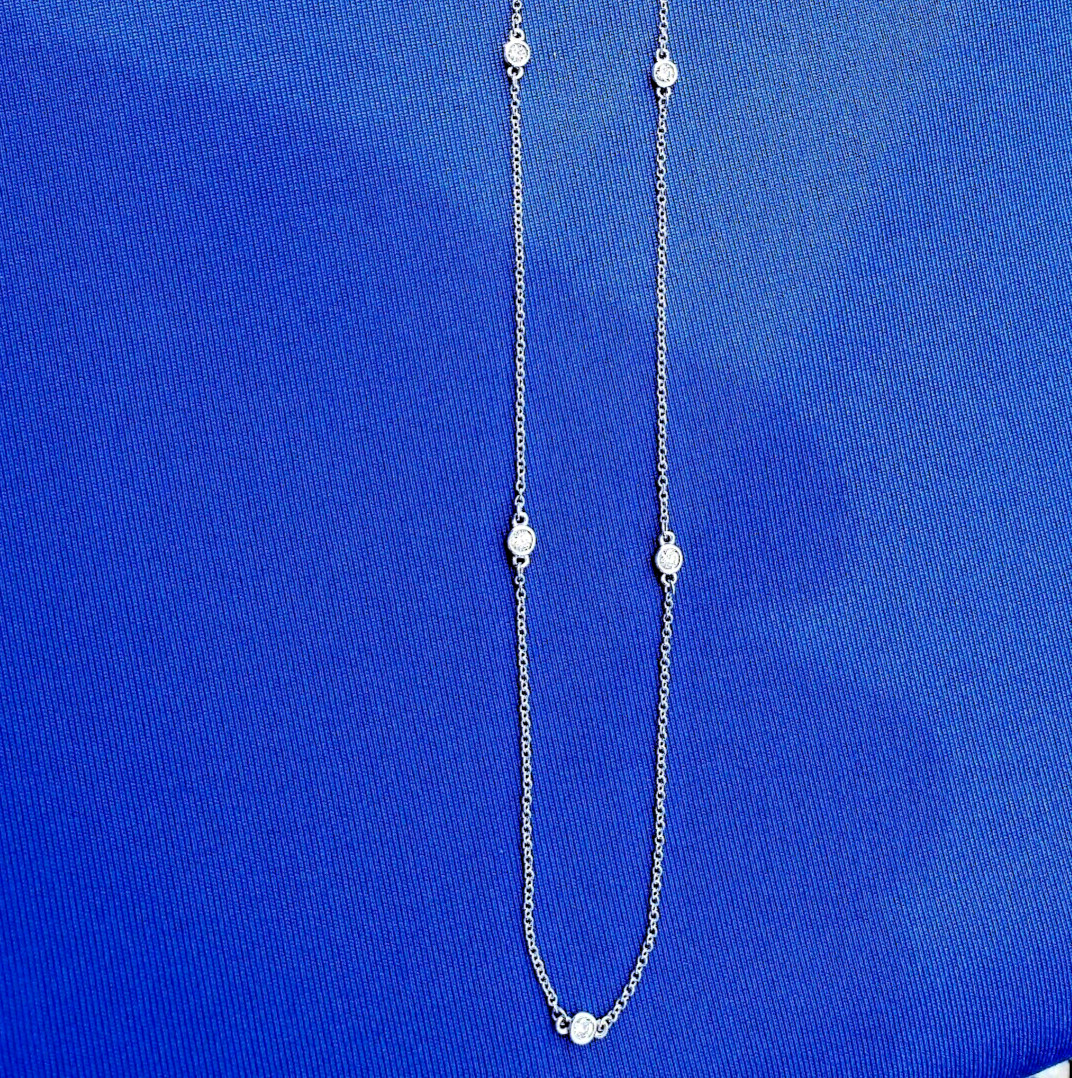 EARTH MINED DIAMOND Station Deco Necklace SOLID 14K WHITE GOLD Chain 24″ inch