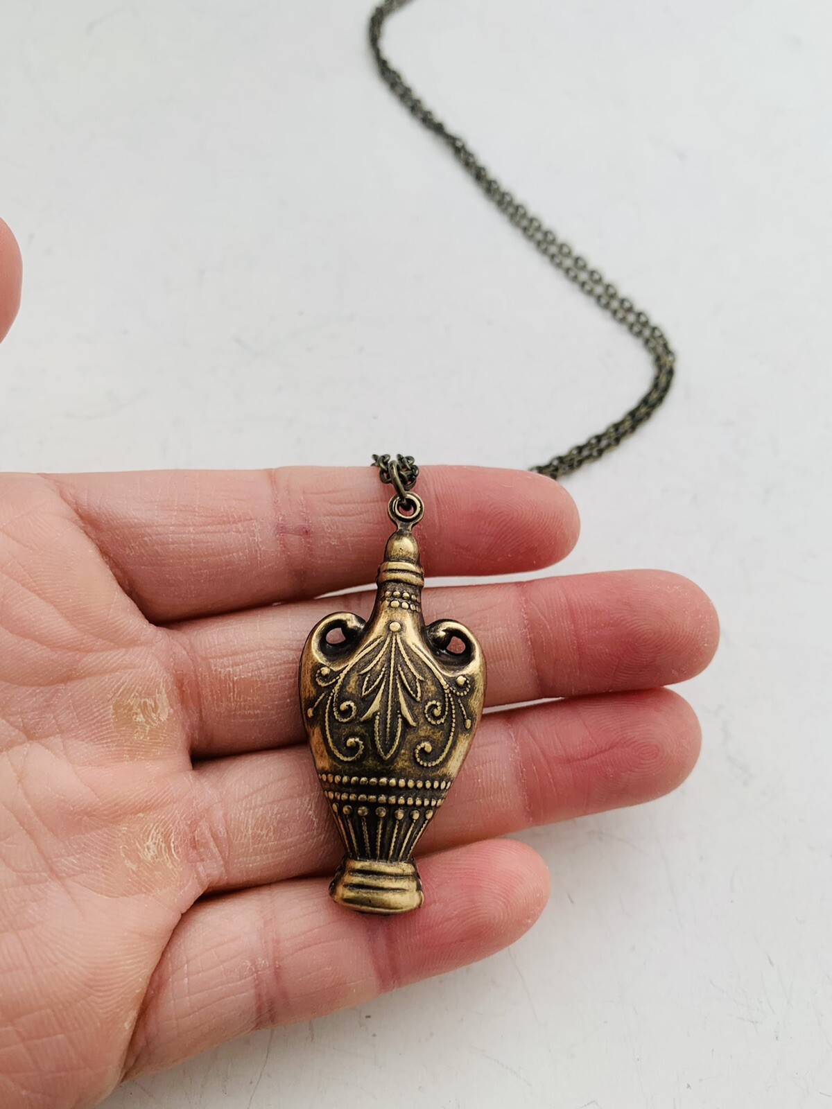 Vintage Style Bronze Tone Egyptian Revival Intricate Vase Pendant Necklace