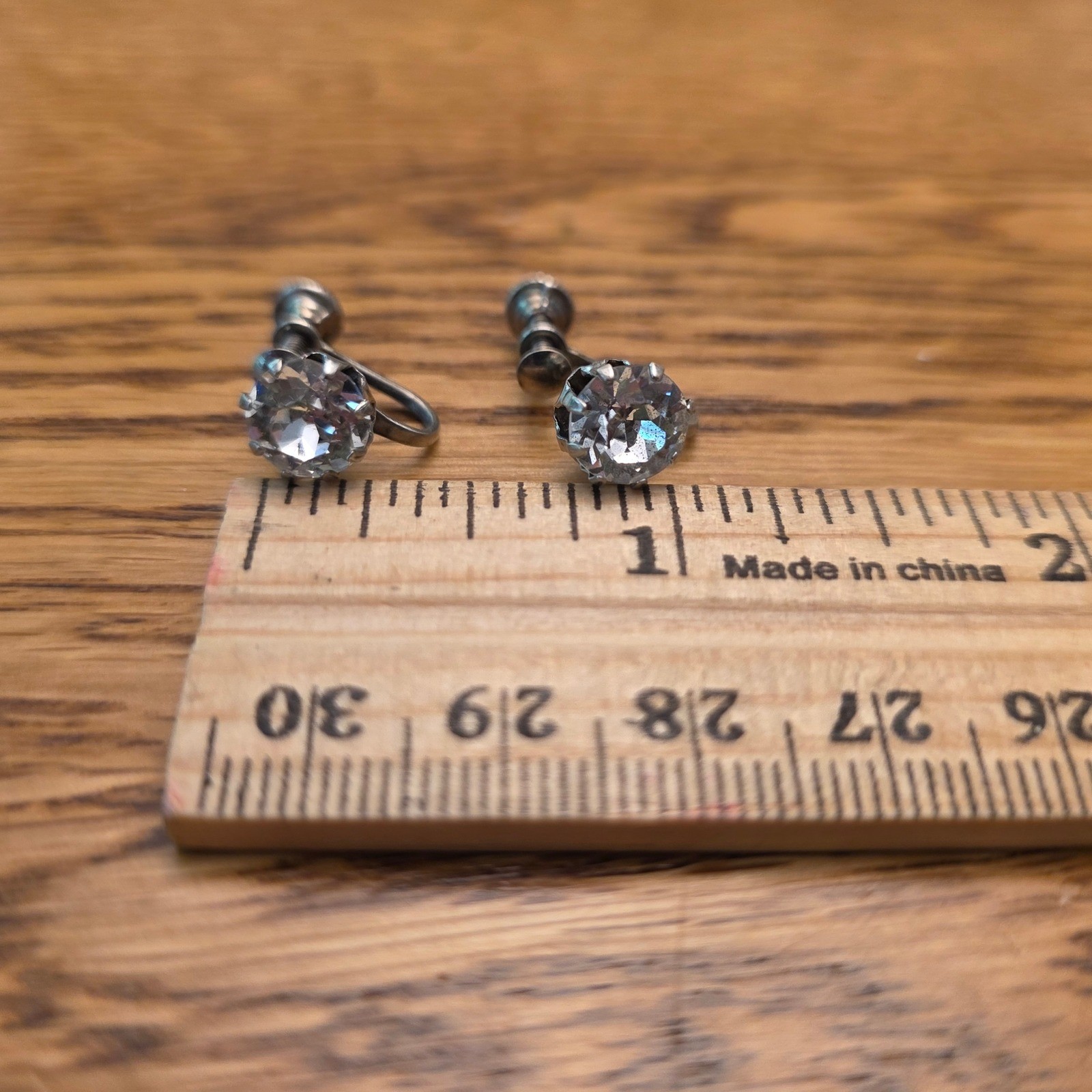 Vintage Silver Tone Clear Crystal Screw Back Earrings Round Solitaire 1950s Gift