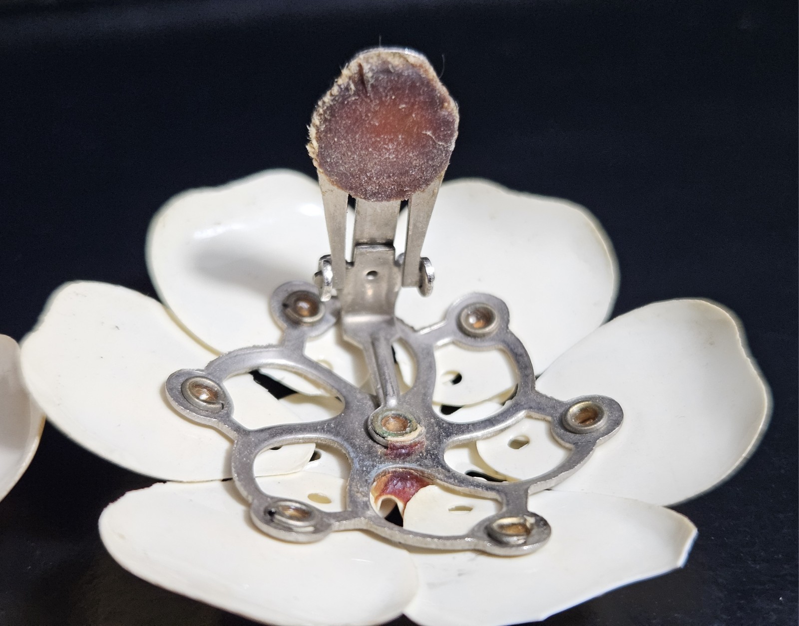Vintage Floral Cluster Clip On Earrings Iridescent Petal Design with Rhinestone