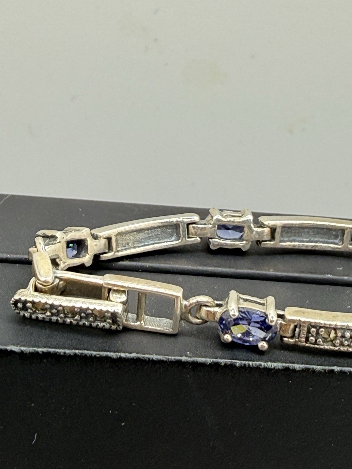 Vintage 925 CW Amethyst Marcasite Stone Panel Link Bracelet Sterling Silver 8”