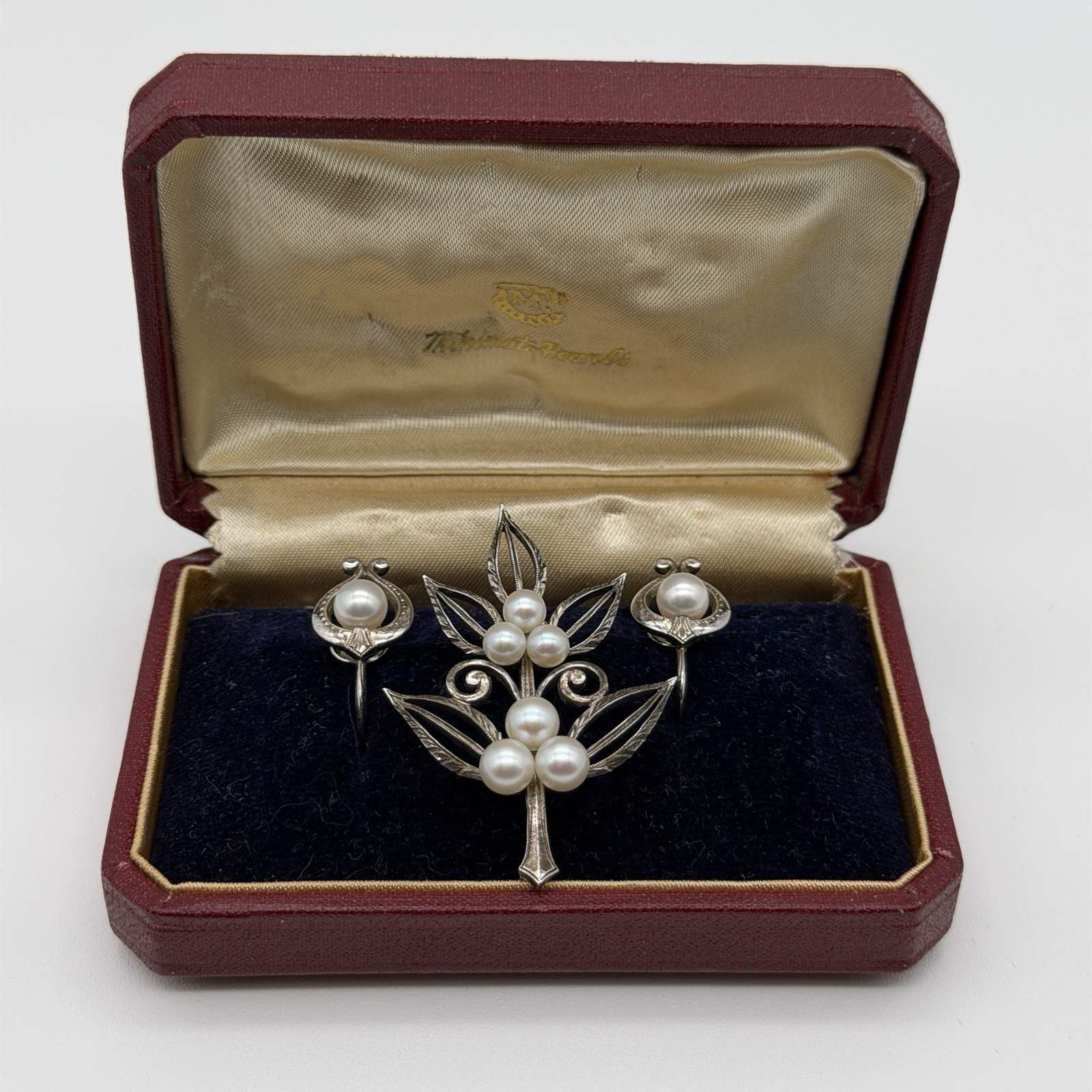 Vintage Mikimoto Sterling Silver Pearl Brooch & Earrings Set – Original Box – M