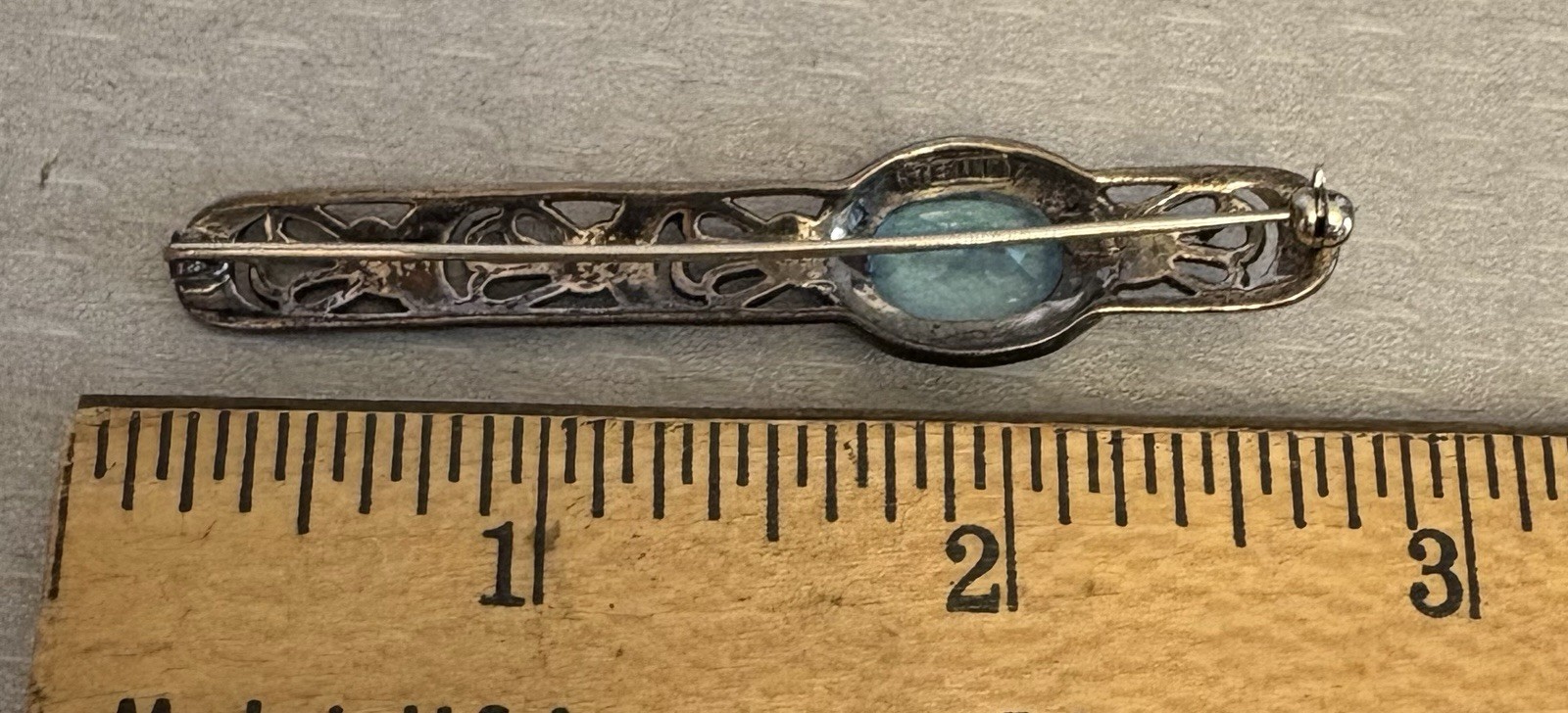 Judith Jack Sterling Silver Blue Topaz Marcasite Brooch Art Deco Revival Bar Pin