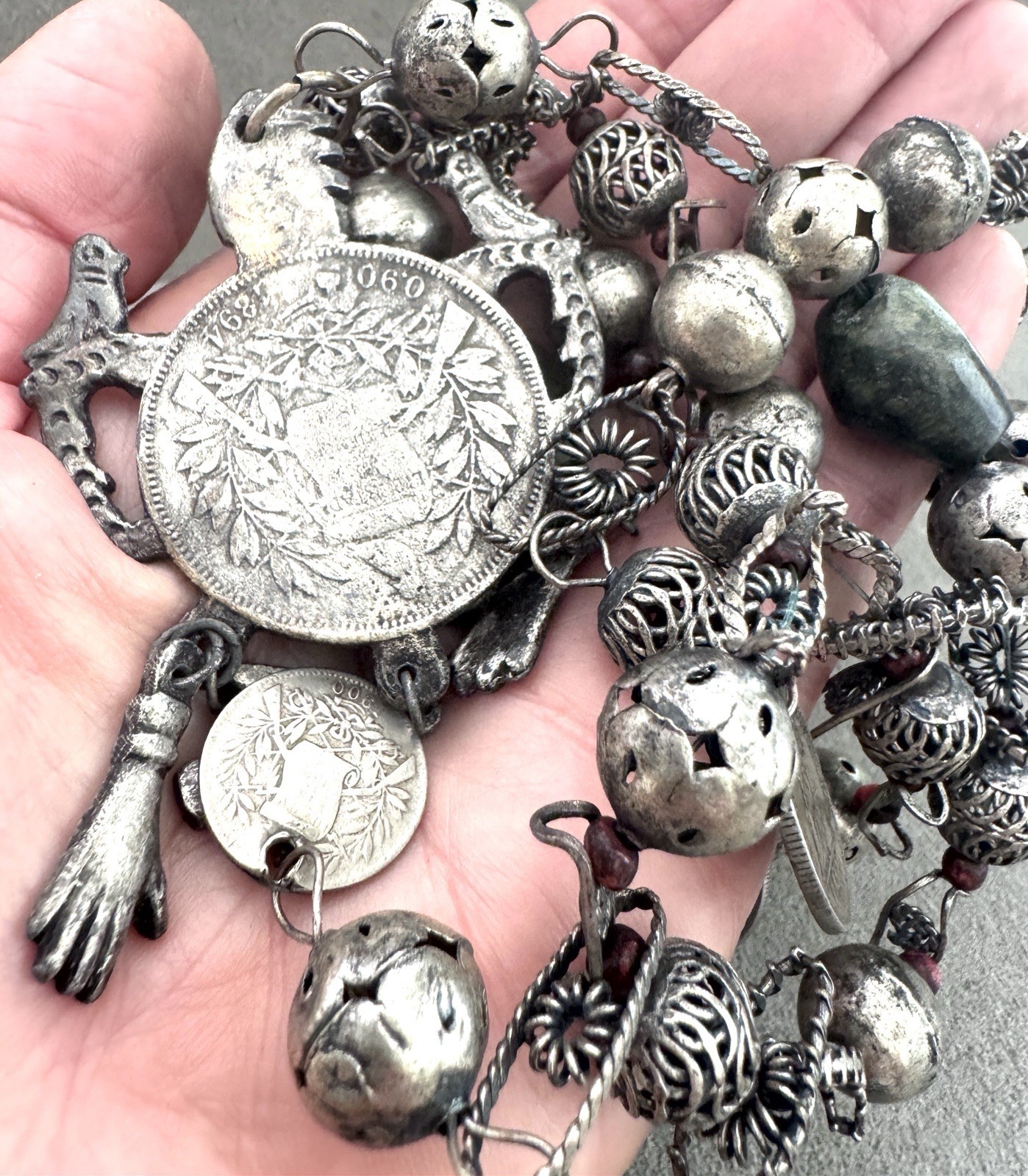 Vintage GUATEMALA 1894 Silver COIN NECKLACE Chachal MILAGROS Animal Charms Beads