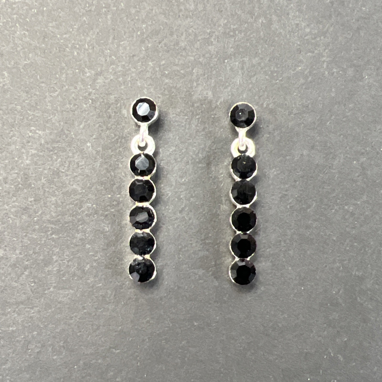 Black Rhinestone Dangle Drop Earrings Silver Tone with Backers
