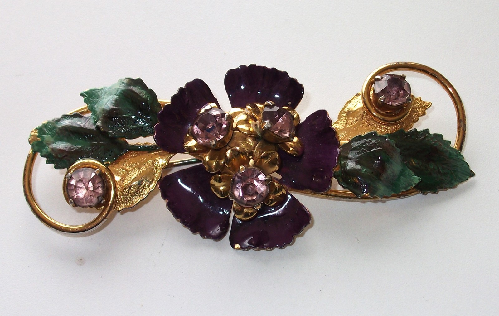 Lg.Sterling silver,Gold tone,enamel,vintage brooch,flower,purple,crystals,