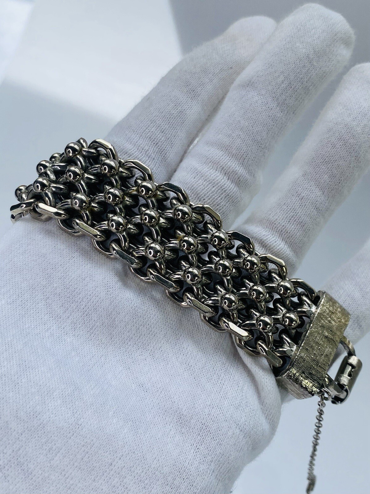 Vintage Cathé Cathe Chunky Silver Tone Heavy Brutalist Ball & Chain Bracelet
