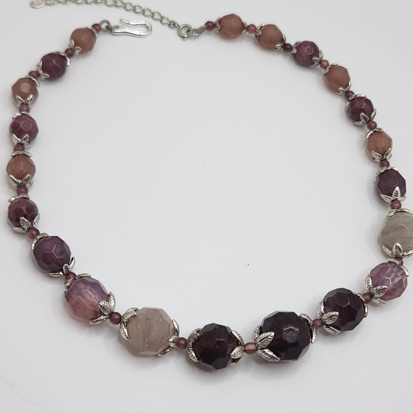 Monet Vintage Faceted Bead Necklace Pink Mauve Plum Silver Leaf Boho Earthy