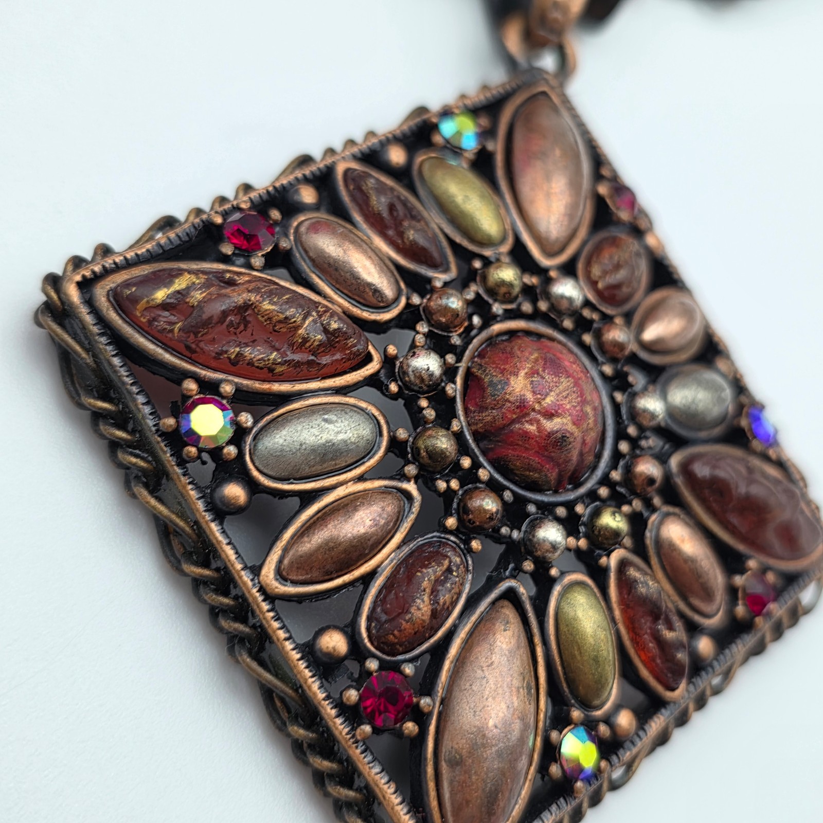 DaVinci Mosaic Statement Pendant Necklace Copper Tone Beaded 19 in Boho Vintage