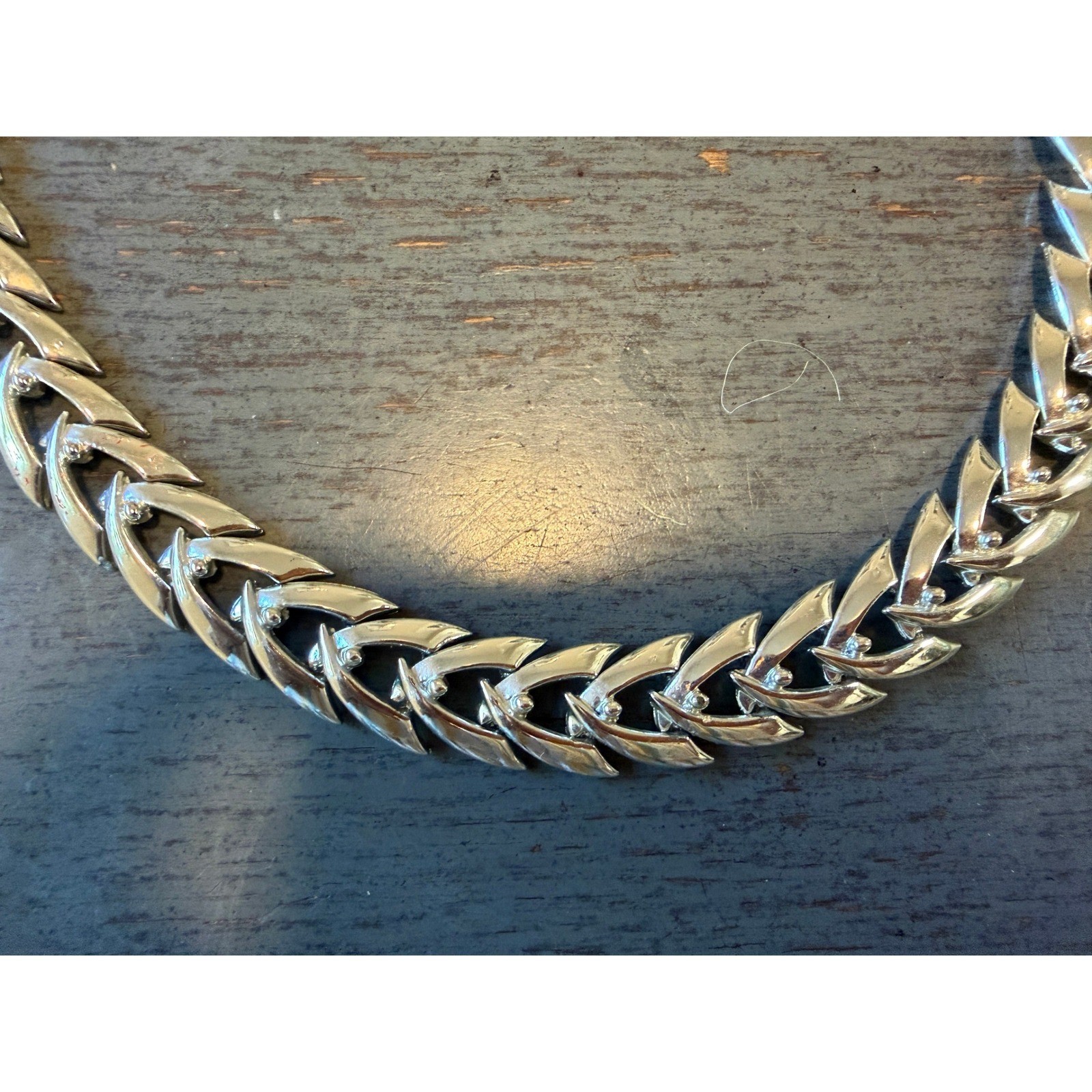 Vintage Silver Tone Chevron Link Choker Necklace J-Hook Clasp 17 Inch