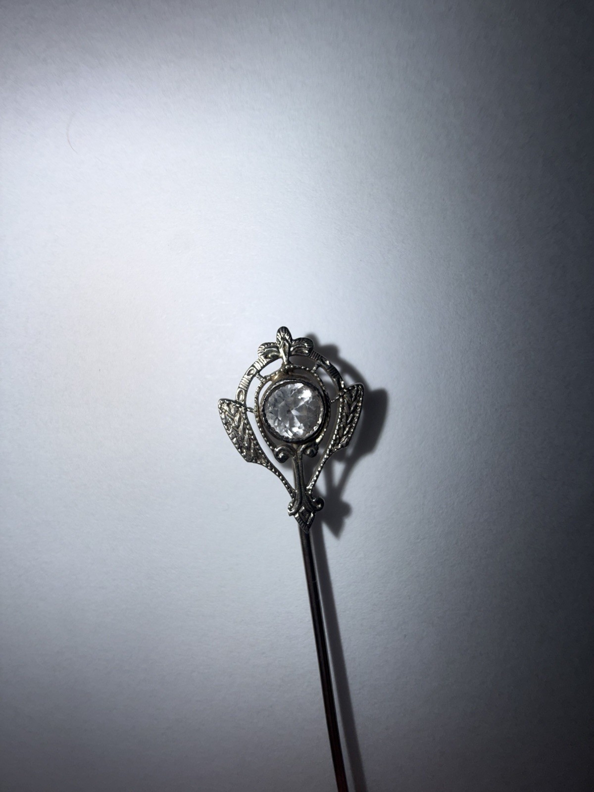 Antique Edwardian 10K Solid White Gold Colorless Topaz Stickpin