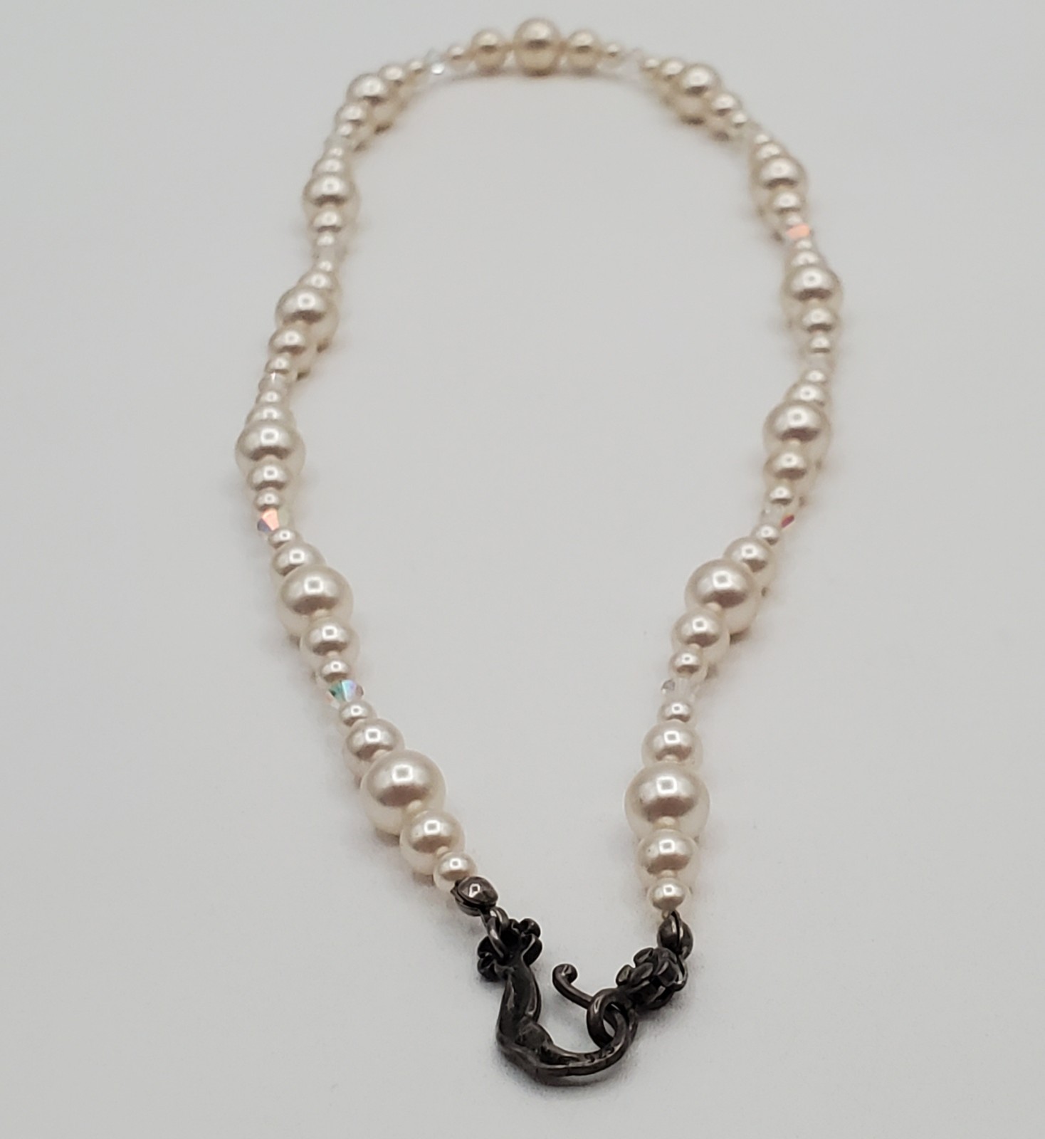 VTG 925 Faux Pearl Bicone Crystal Necklace 18in Sterling Silver 24gtw Estate