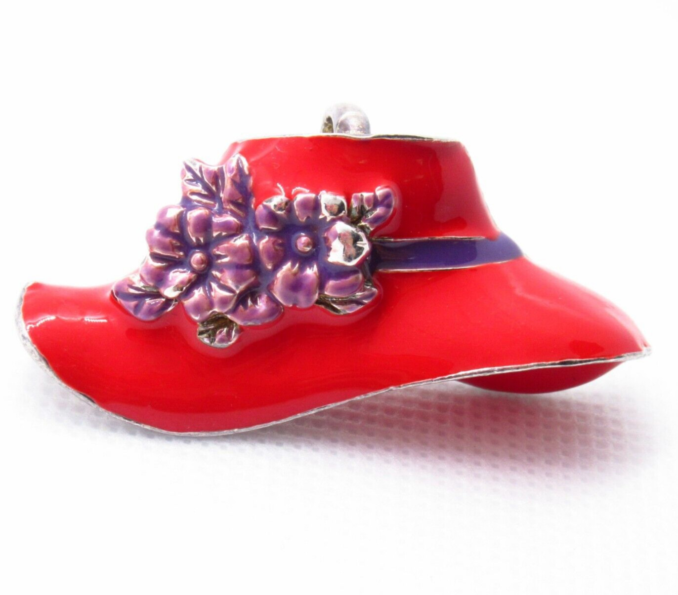 Vintage Red Hat Brooch Necklace Charm Purple Flowers Ribbon Design