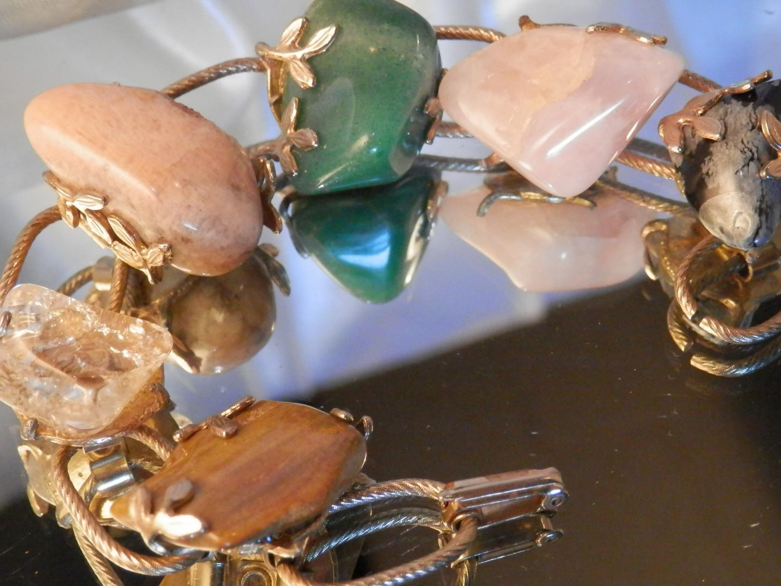 WOW Chunky Vintage 50’s Gorgeous Jade Pink Quartz Jasper Tiger Eye Bracelet 10N4