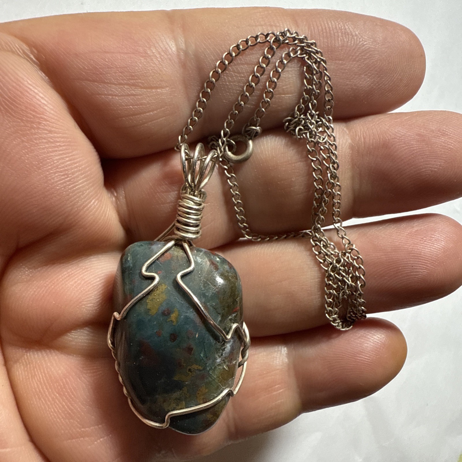 Necklace Bloodstone Big 25ct Solitaire Vintage Sterling Silver 18” Chain