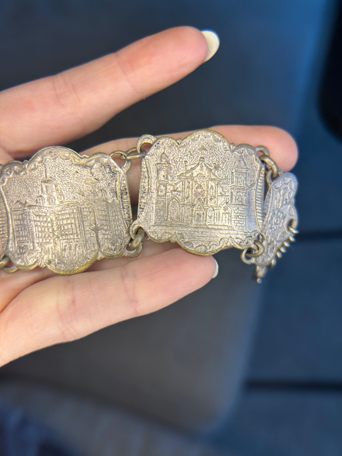 Antique European Cityscape Panel Bracelet 1930s Silver Plate Souvenir Scenic 9″