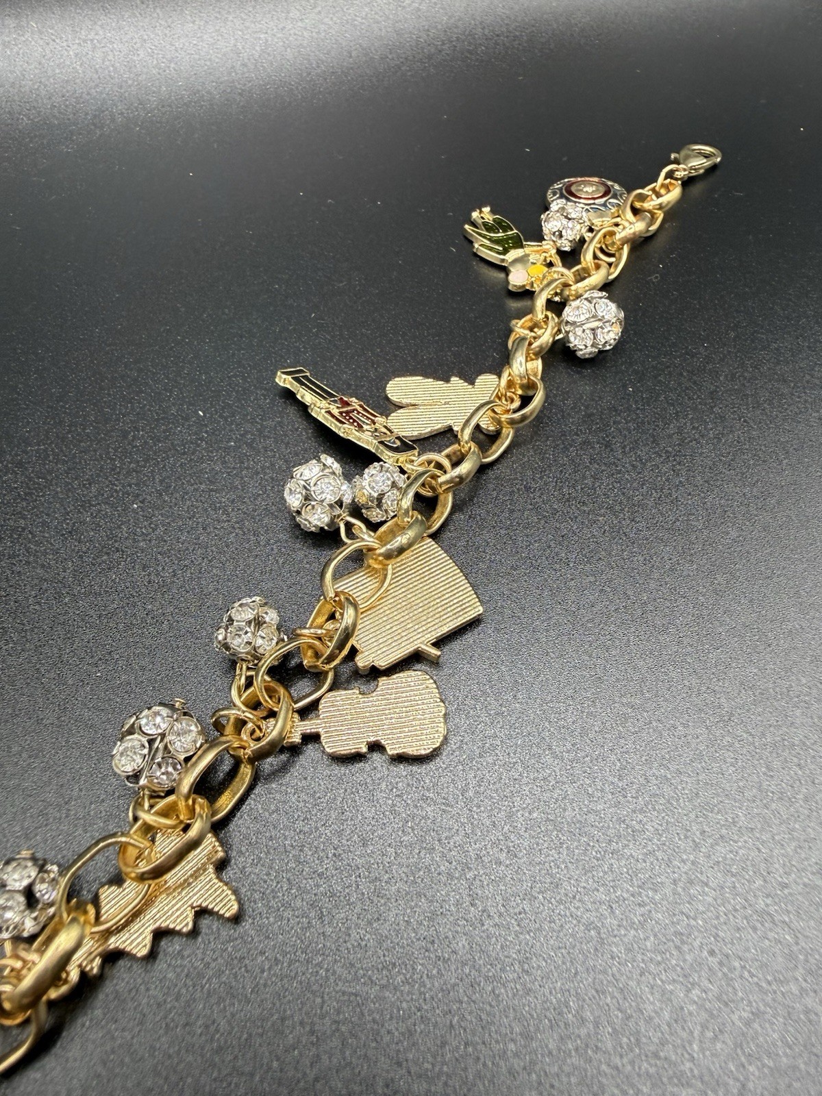 Vintage Christmas Nutcracker Charm Bracelet Enamel Rhinestone Gold Tone 7-9”