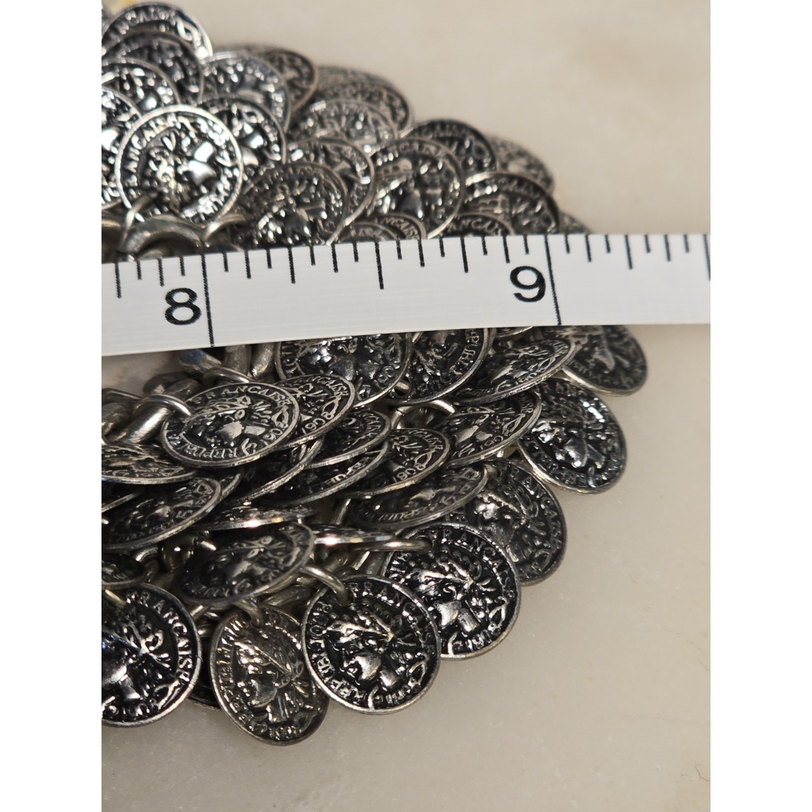 Vintage Faux Coin Chain Link Silver-Tone Statement Necklace Brutalist Adjustable