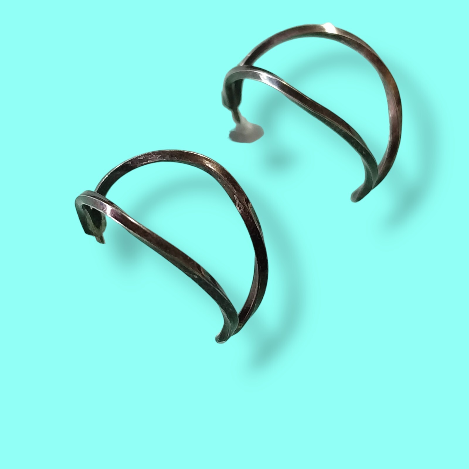 Sterling Silver Twist Wire Half Hoop Earrings Vintage Heavy Patina Signed