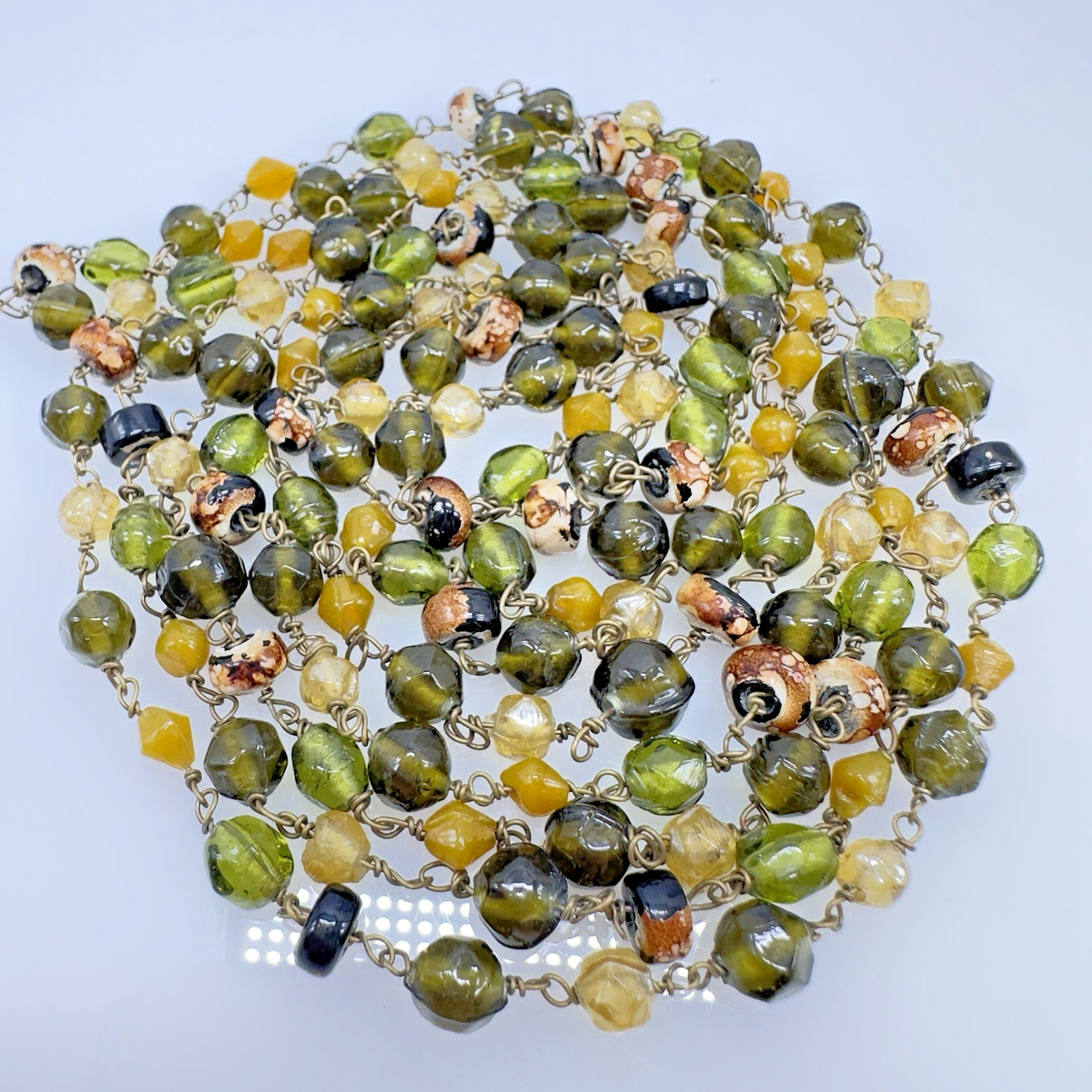 Vintage Art Glass Necklace Earth tones Multi-shape Molded Hand Wired 62″ Opera