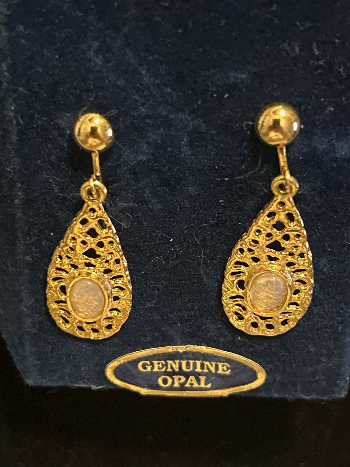 NEW Vintage OPAL Gold Tone Gemstone Filigree Earrings Clip on Dangle VTG GENUINE