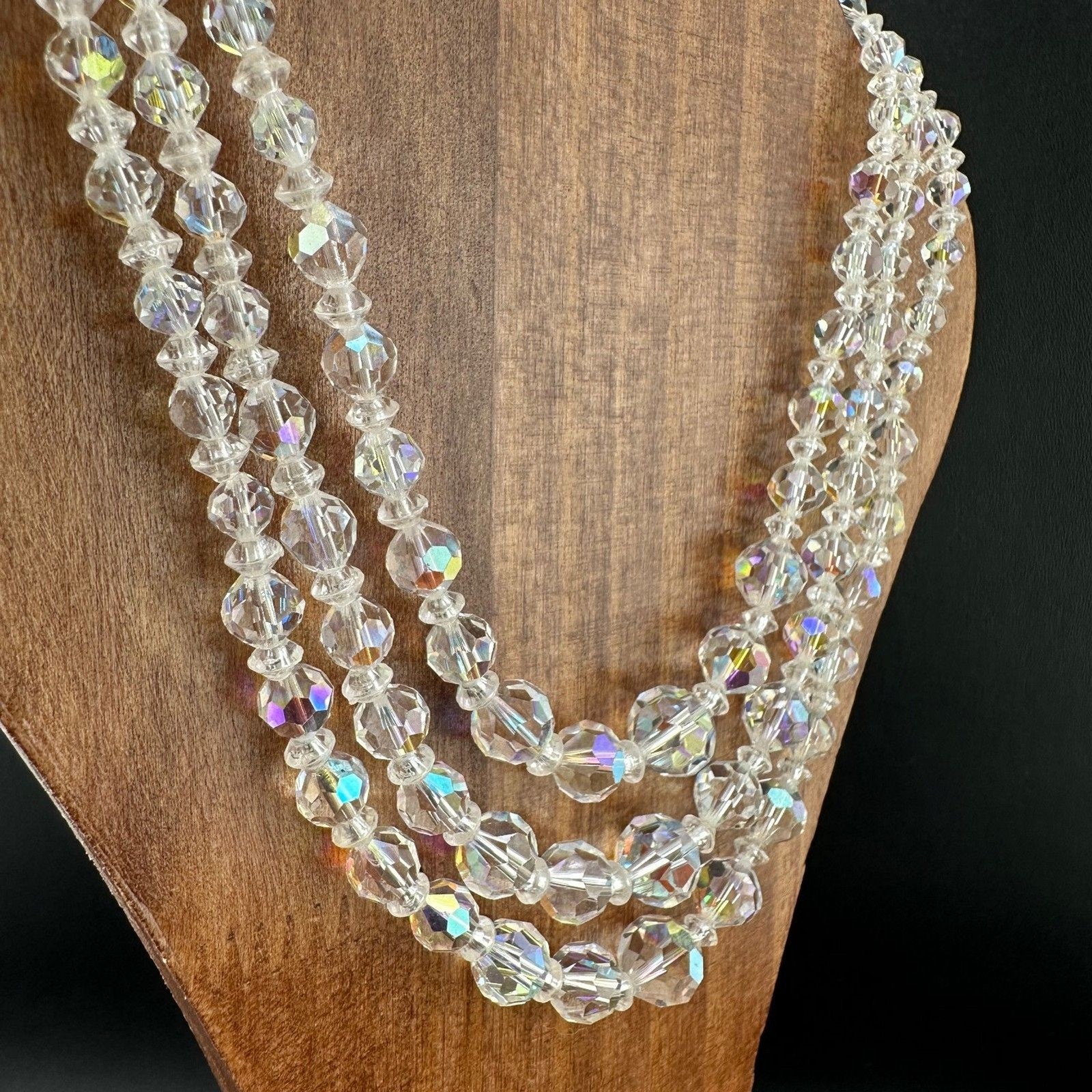 Vintage Aurora Borealis Necklace Crystal Faceted Three Strand Adjustable Hook