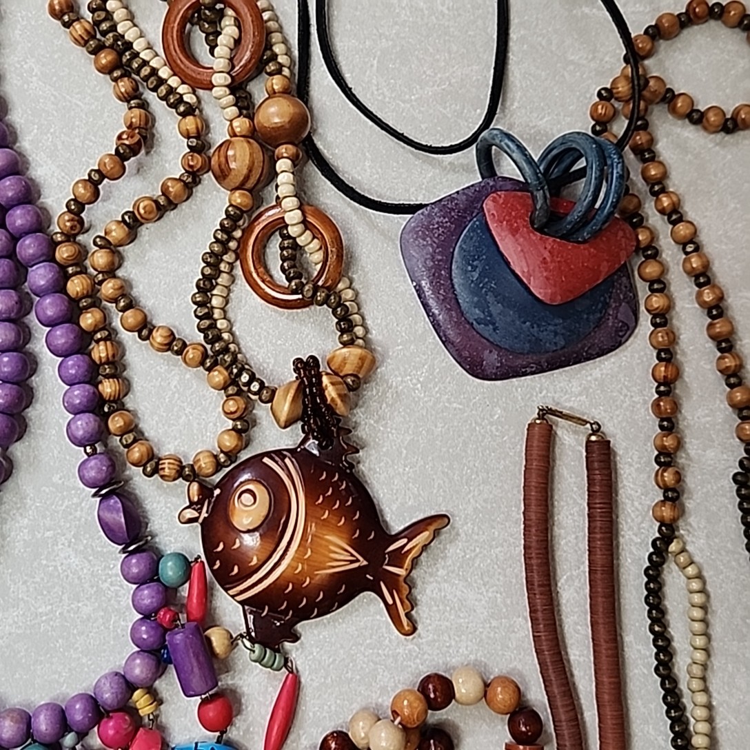 Vintage Wood Beaded Necklace Lot Shell Chunky Fish Raccoon Mask Ethnic