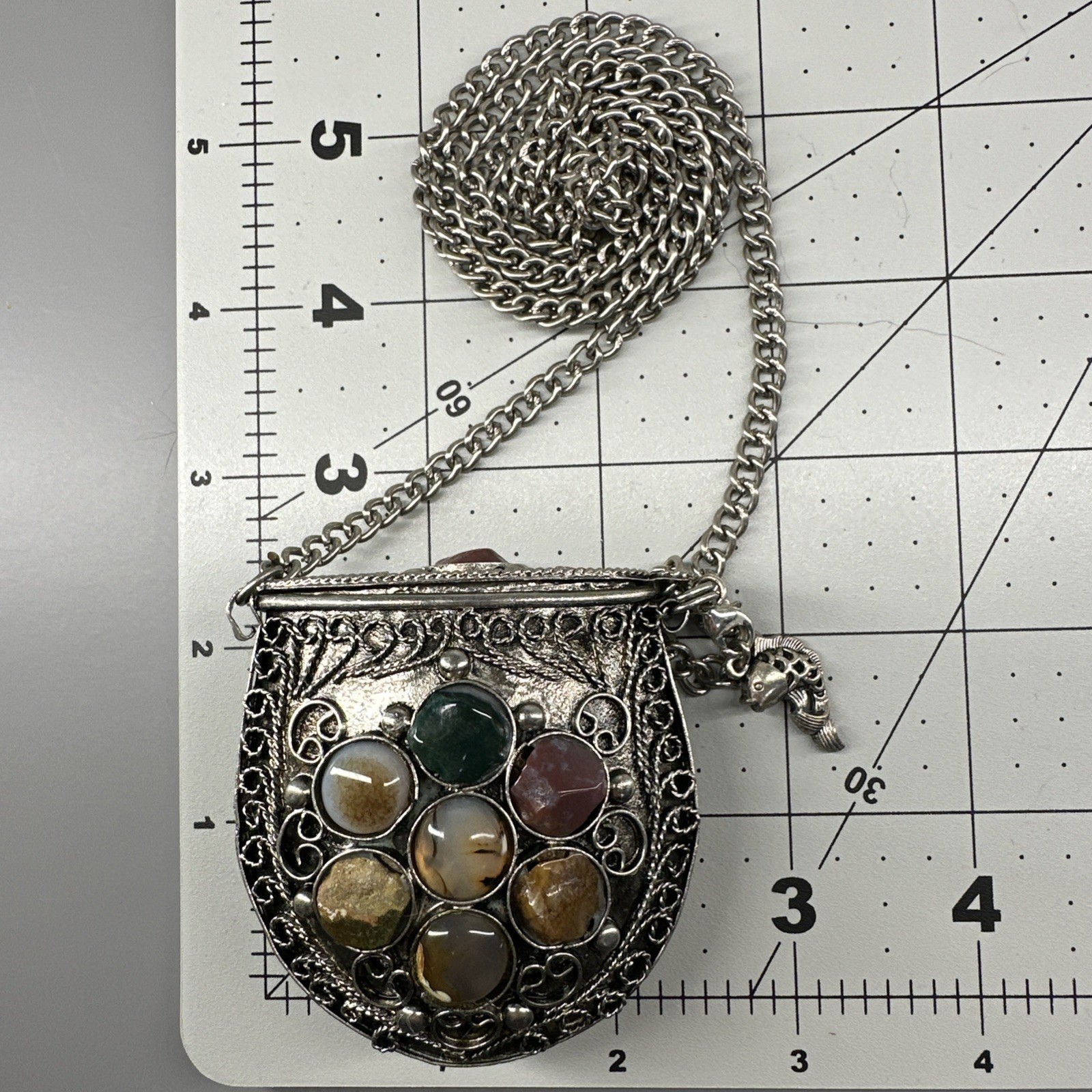 Vintage Small Silver-tone Sajai Metal Purse Necklace Agate Gemstones Tether Lid