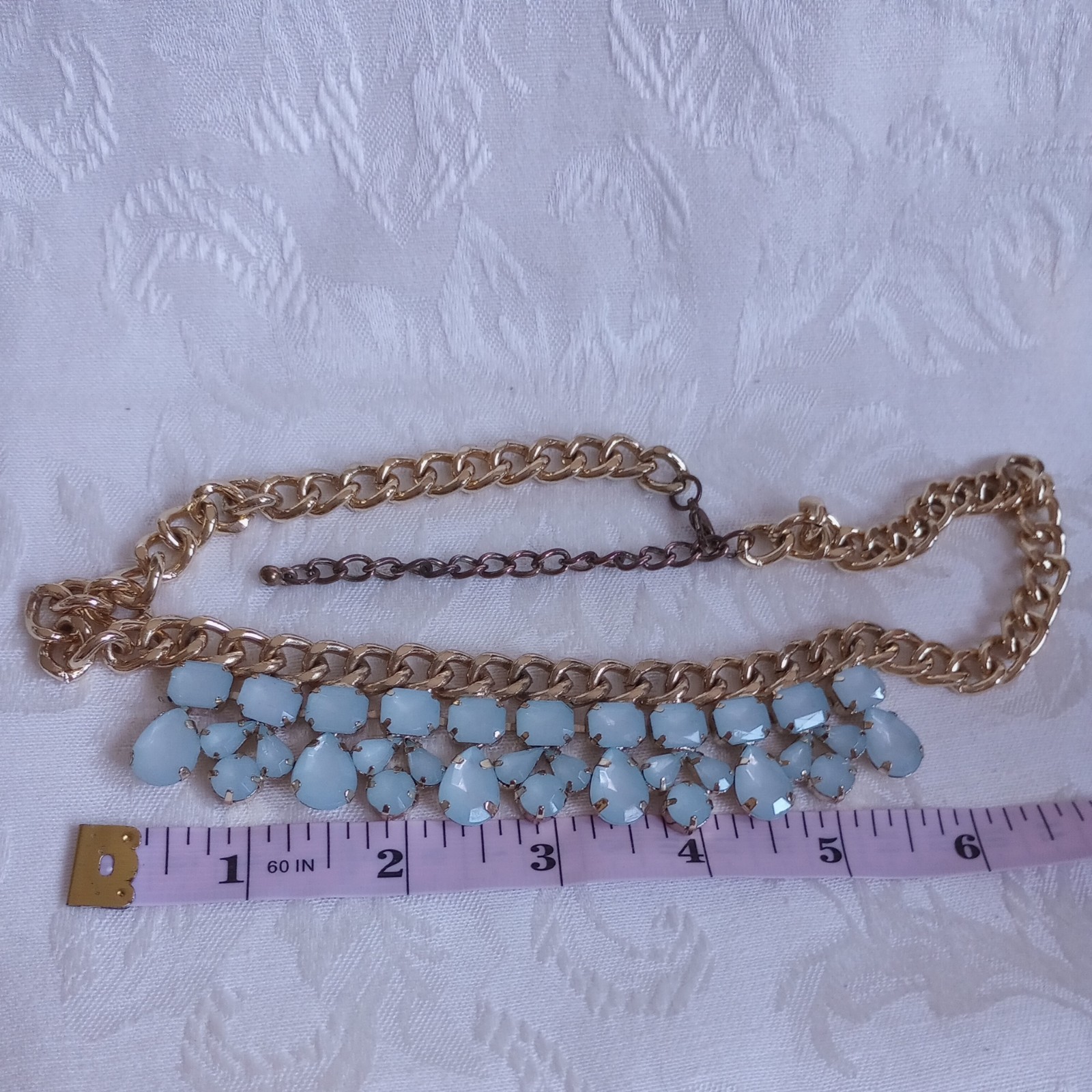 Light Teal Faceted Jeweled Statement Link Necklace Goldtone read Tone Choker 15″