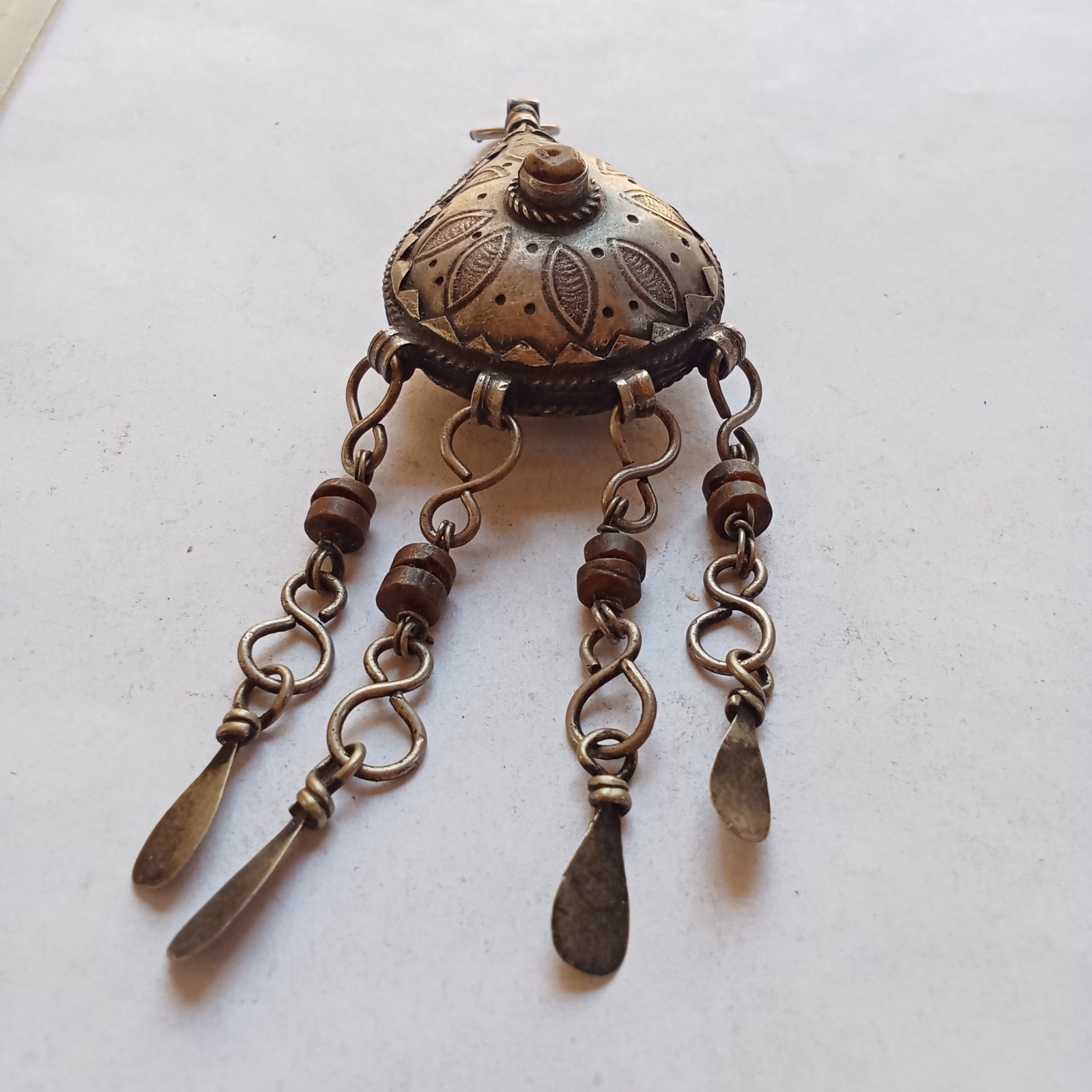 Antique Silver Tone Bedouin Prayer Box Necklace Dangle Bells