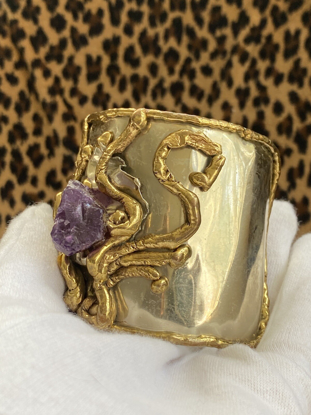 Vintage COPA COLLECTION Huge Chunky Brutalist Modernist Cuff Bracelet Amethyst