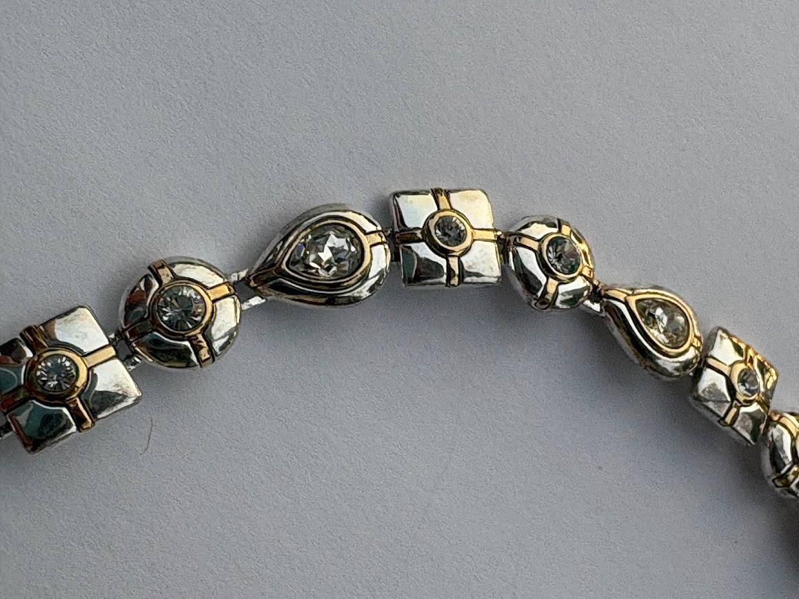 Vintage MONET Signed Two-Tone Silver/Gold Rhinestone Necklace 17″
