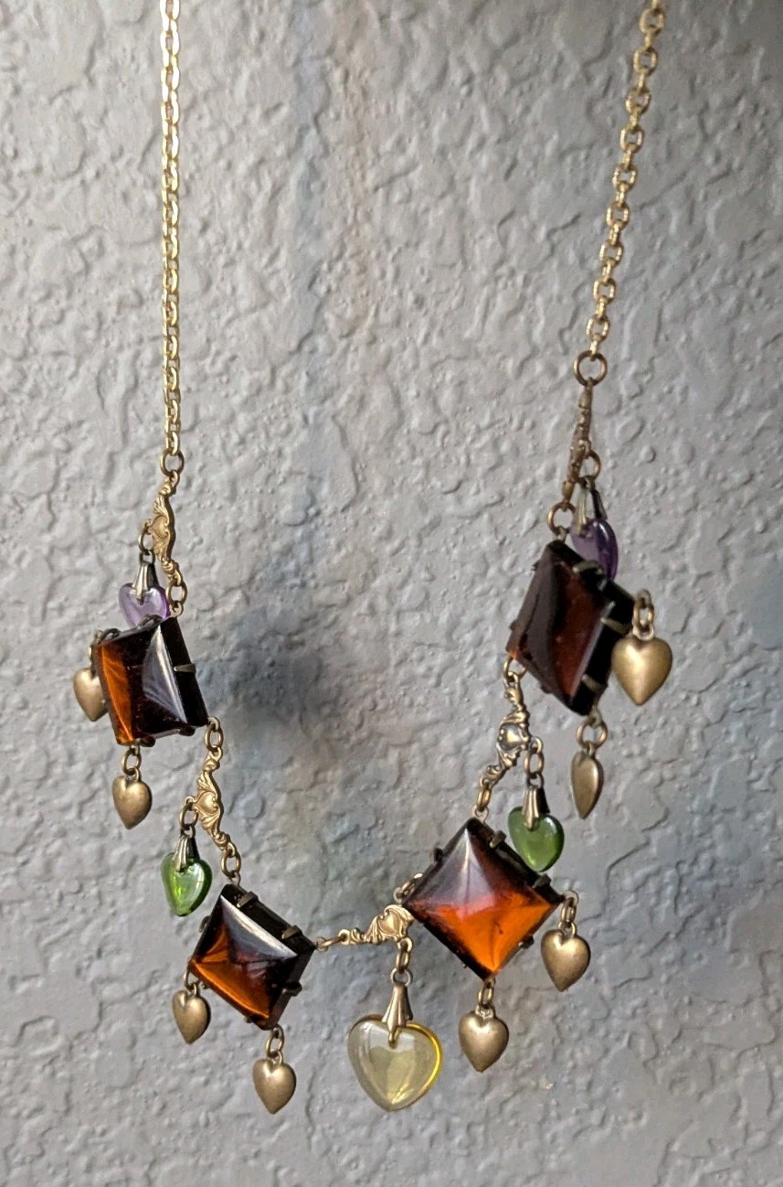 Vtg Art Glass Works Studio Brass Heart Charm Statement Necklace Amber Multi