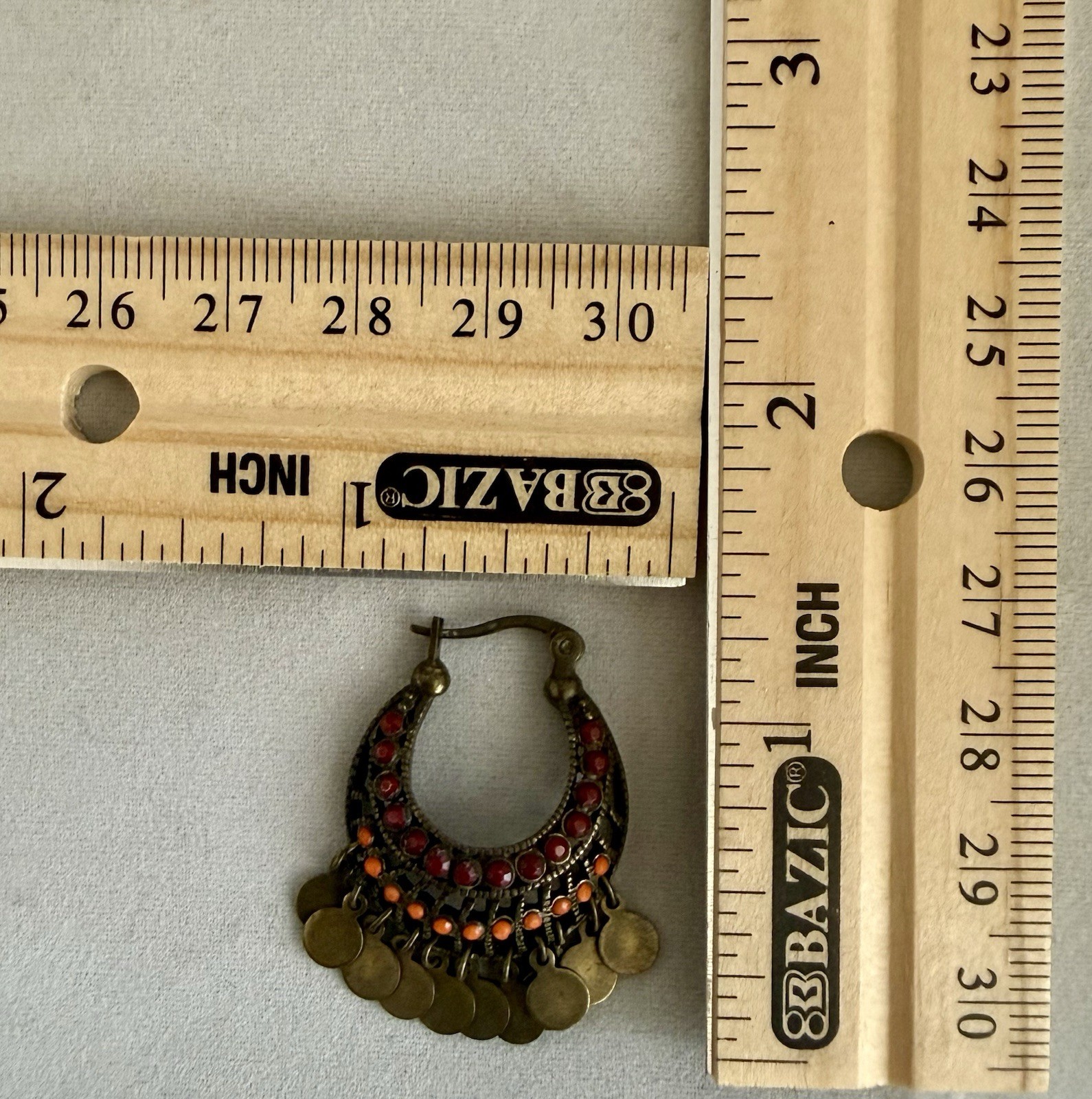 Vintage Gypsy Boho Bronze Hoop Dangle Hanging Pierced Earrings Red Orange Stones