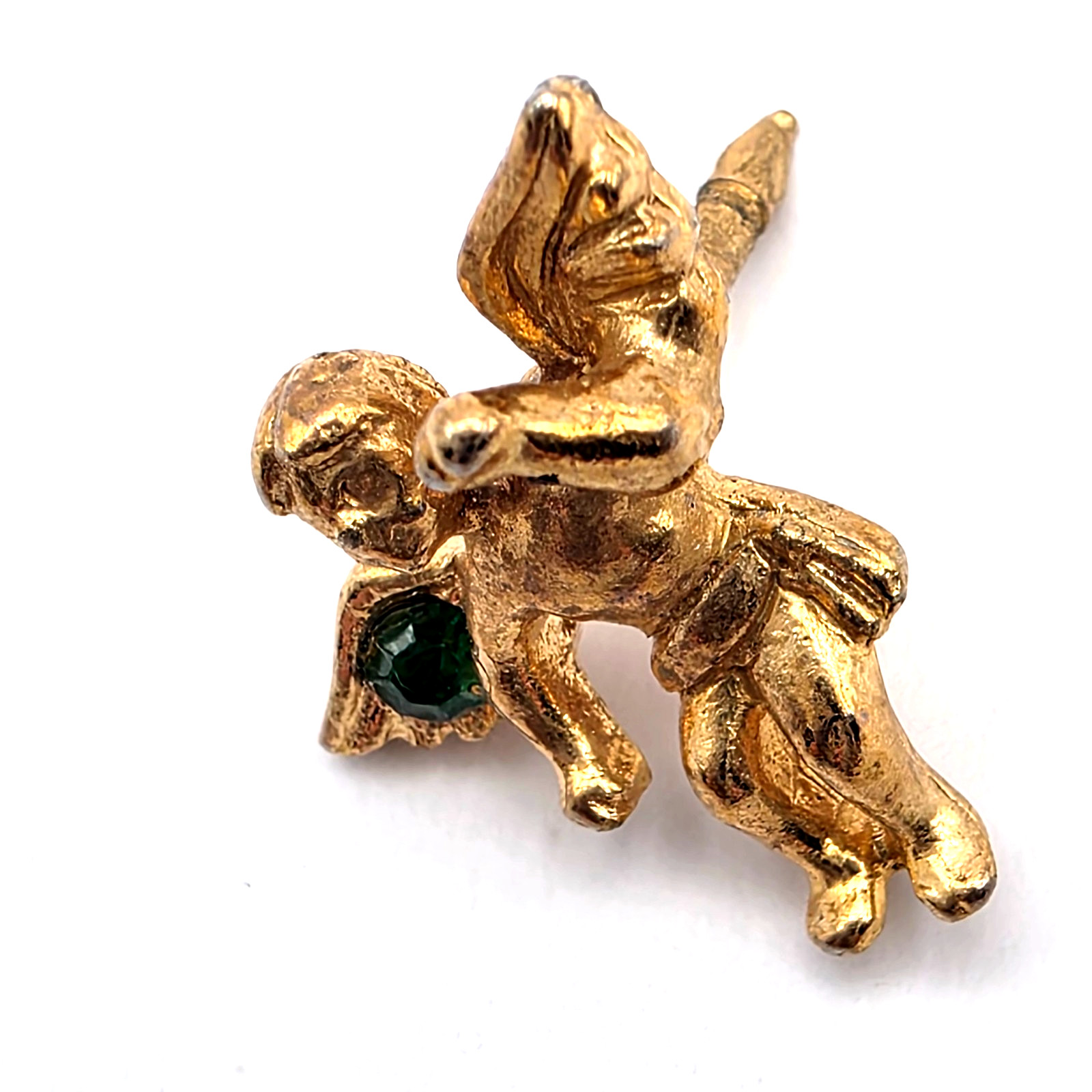 Guardian Cherub Angel Lapel Pin Faux Gold Tone Rhinestone Green Crystal T&T Vtg