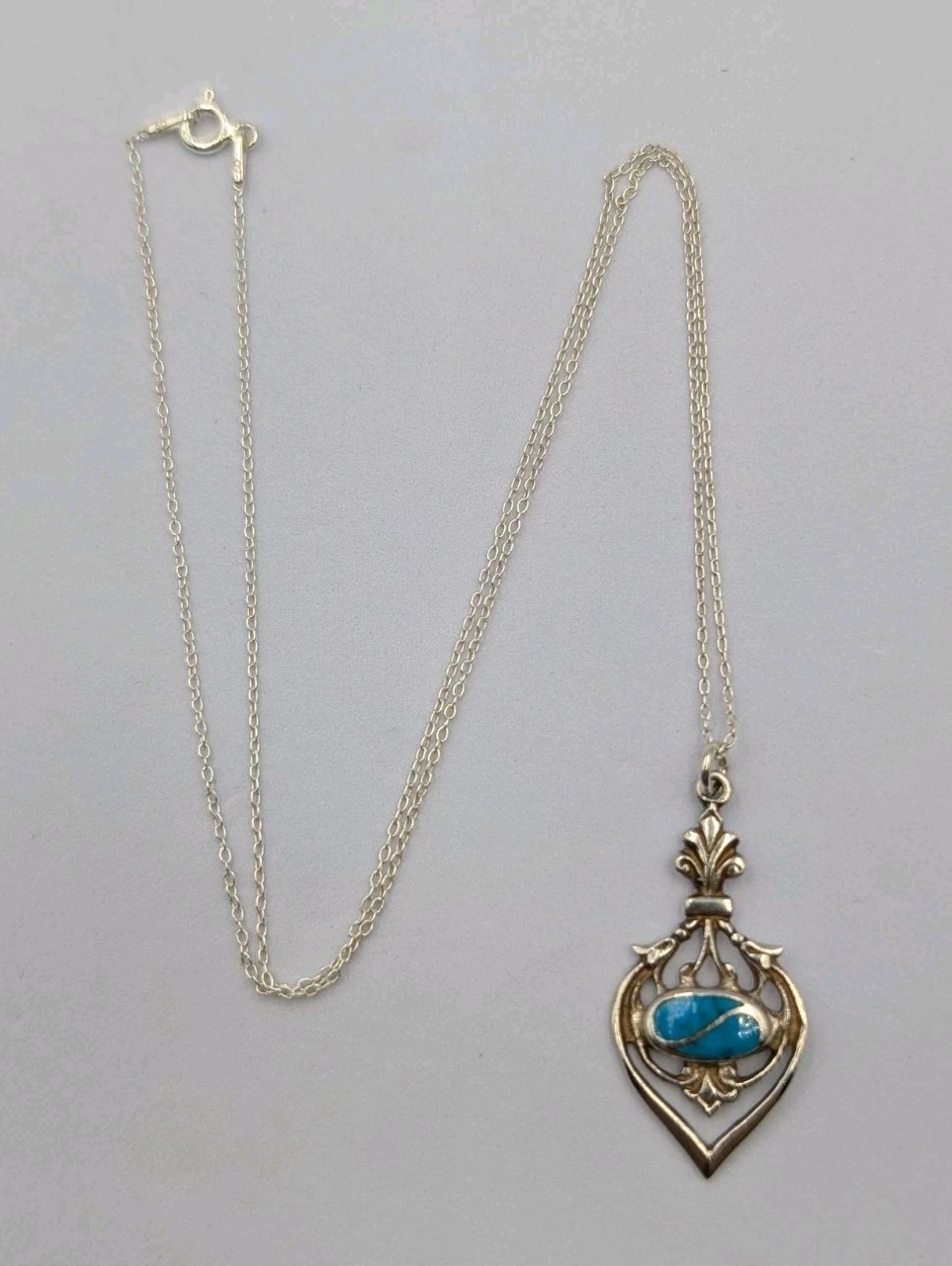 Vtg Sterling Silver Inlay Oval Turquoise Openwork Pendant 19″ Cable 925 Necklace