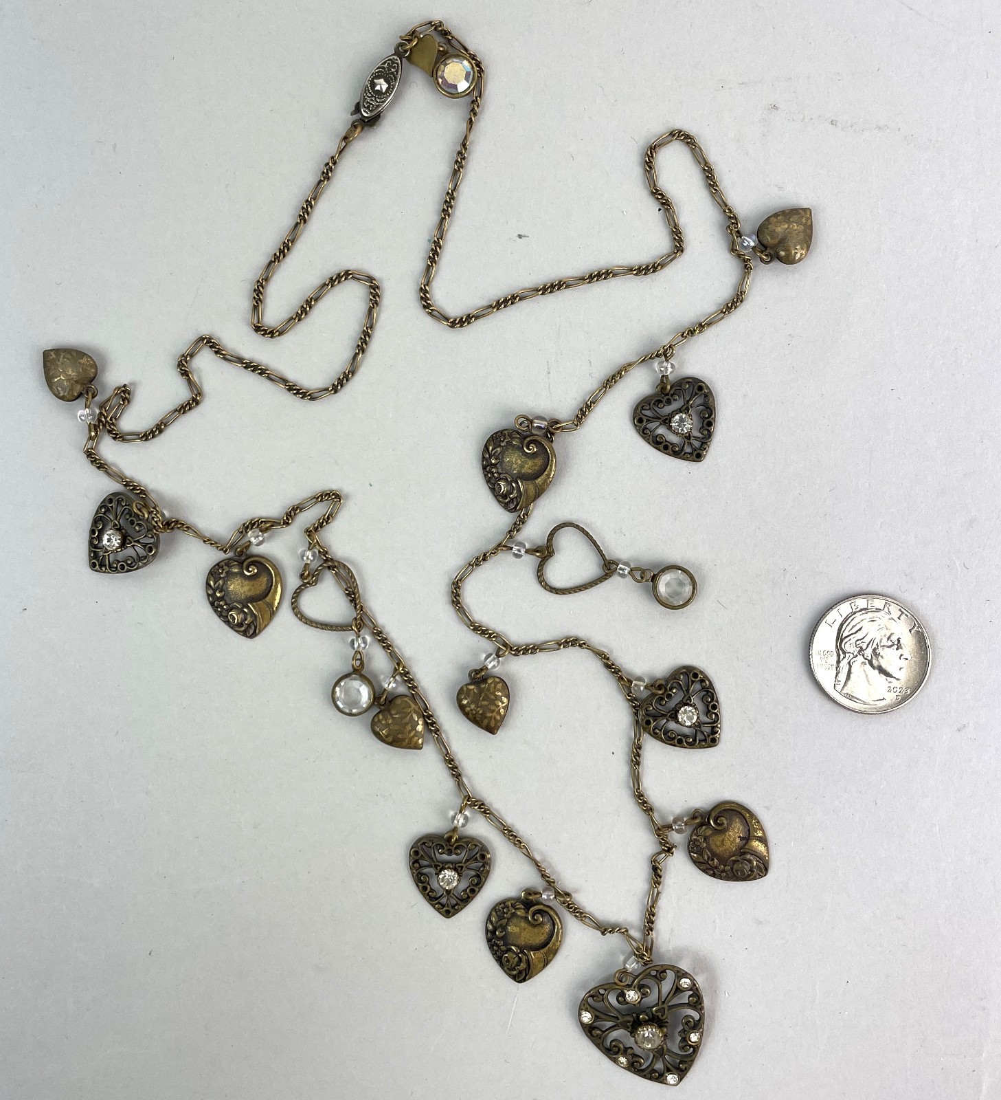 VTG 90s GLASS WORKS STUDIO Brass BOHO Heart charms Necklace 64″
