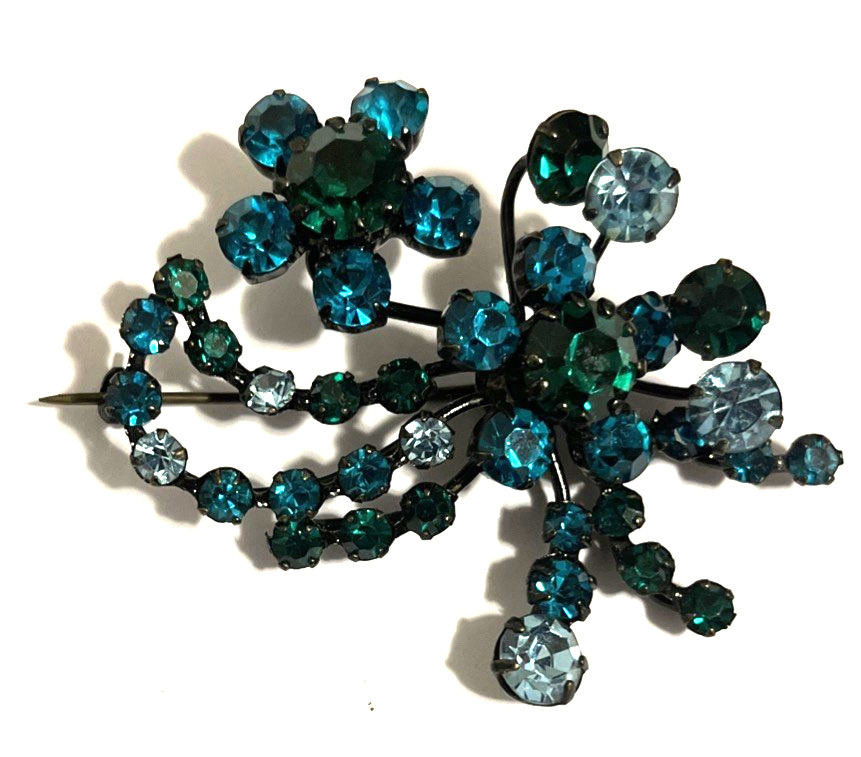 vintage austrian crystal Rhinestones brooch Teal & Light Blue Signed