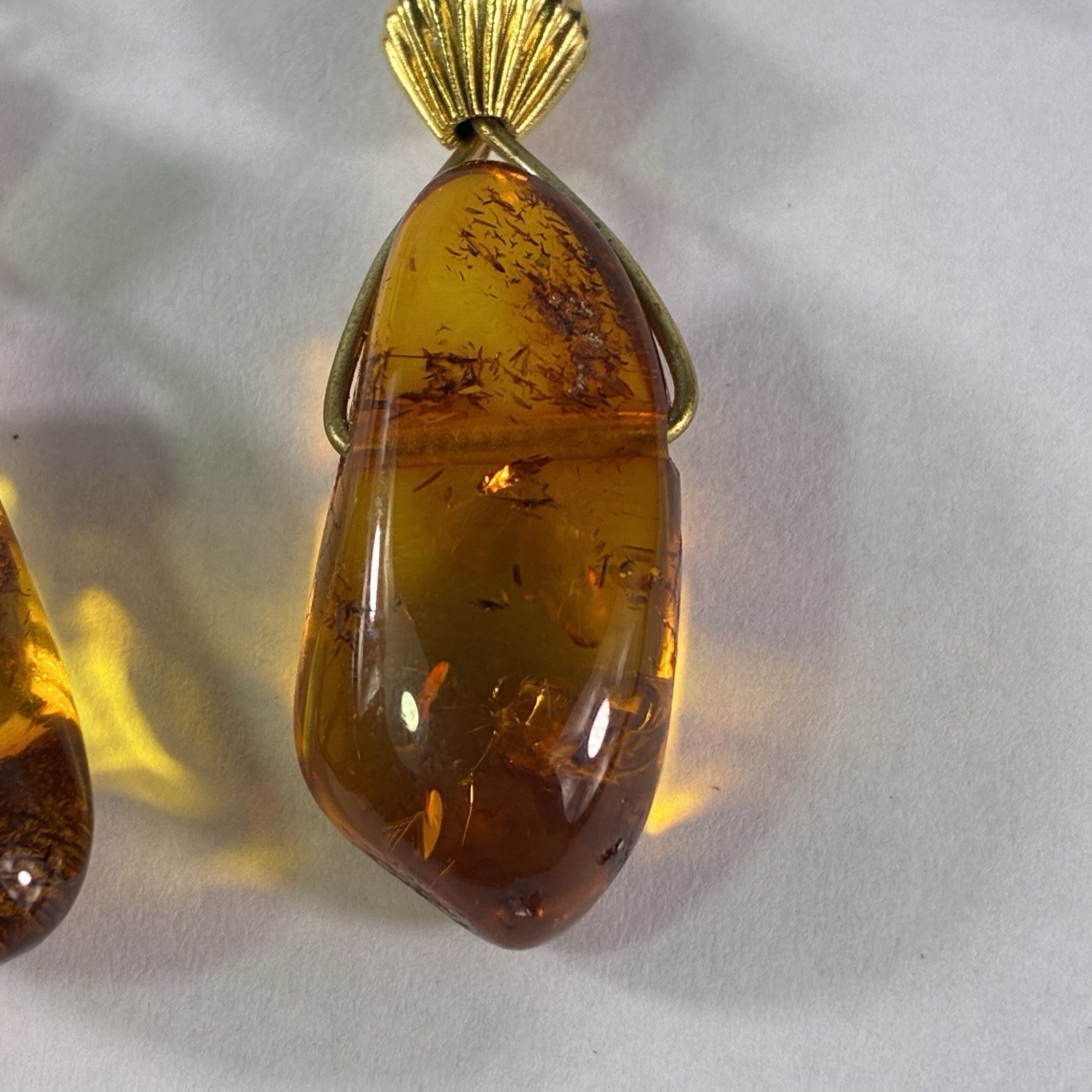 14K Gold Genuine Baltic Honey Amber Yellow Dangle Drop Earrings Art Deco