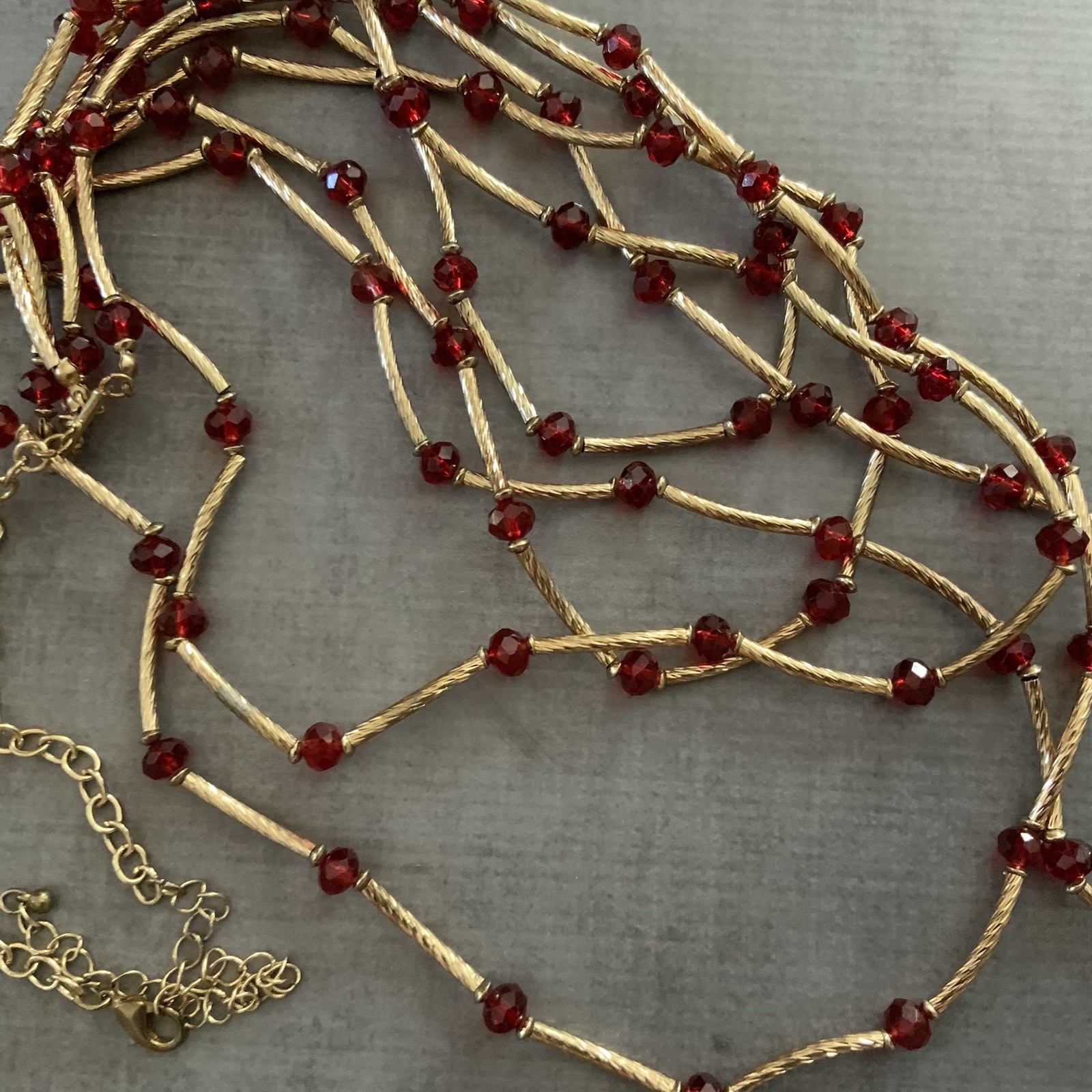 Vintage Red Bead Multi Strand Necklace Gold Tone Bar Link Layered