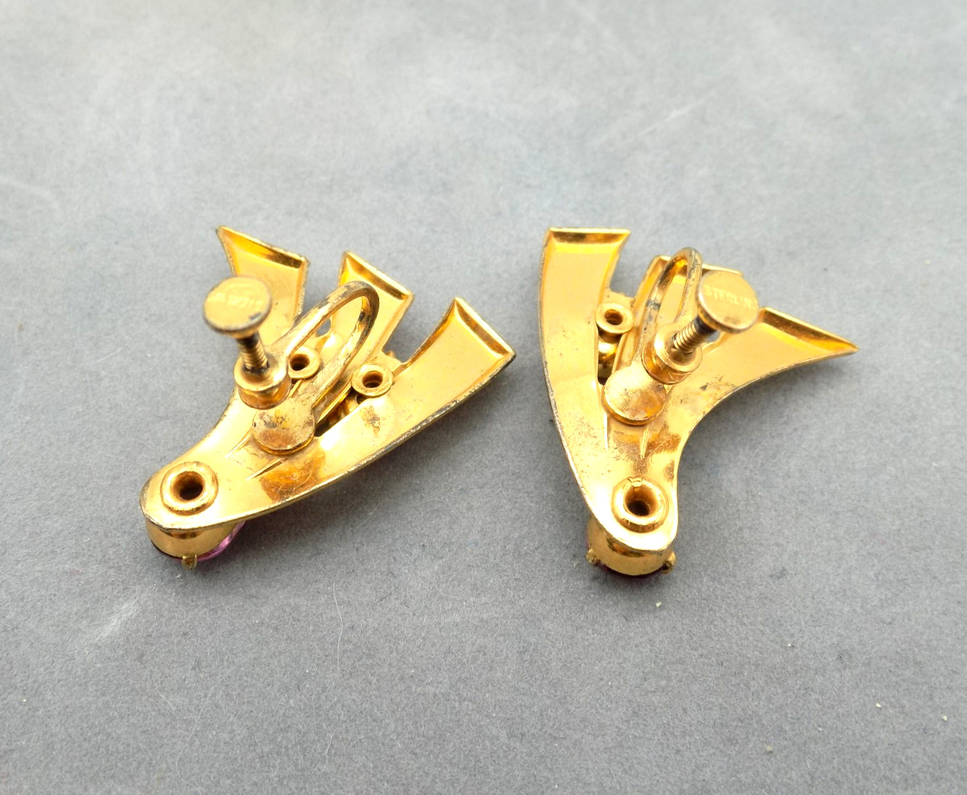 Vintage 1940s Sterling Silver Gold Vermeil Screwback Earrings Purple Glass