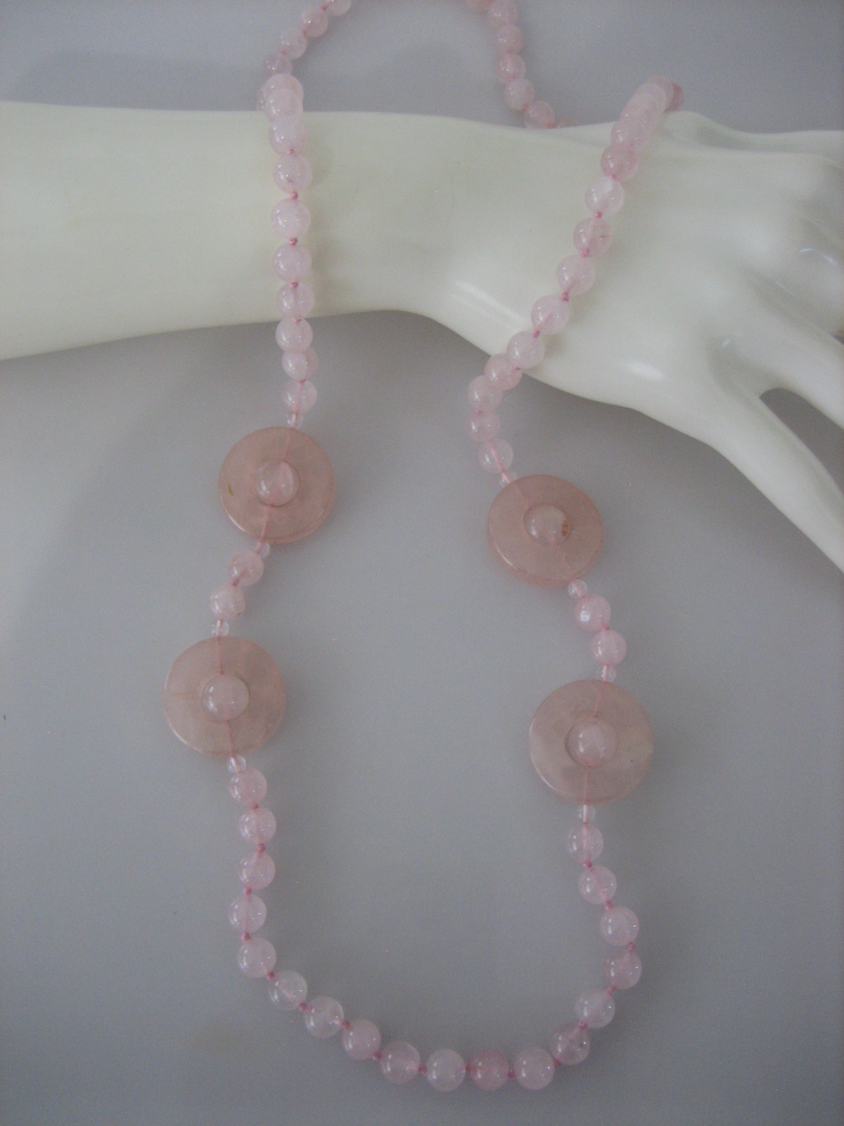 Vintage Pink Quartz Bead Disc Polished Hand Knot Necklace